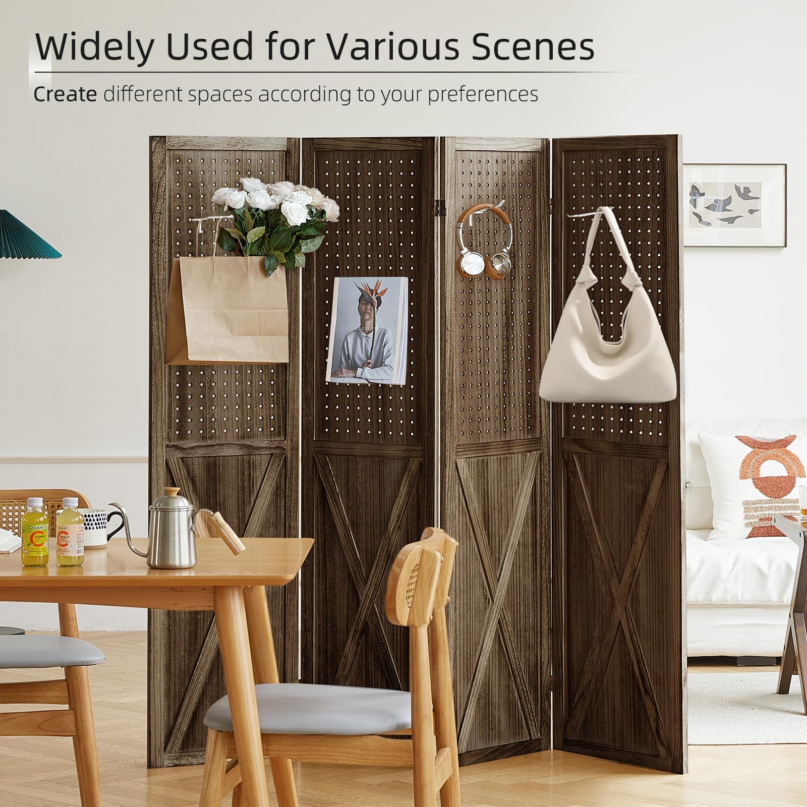 Wooden 4-Panel Folding Room Divider with Pegboard - 5.6Ft Portable Privacy Screen & Display Organizer for Jewelry, Crafts, Art Shows - Perfect for Home Office, Retail Stores & Event Displays (Brown)