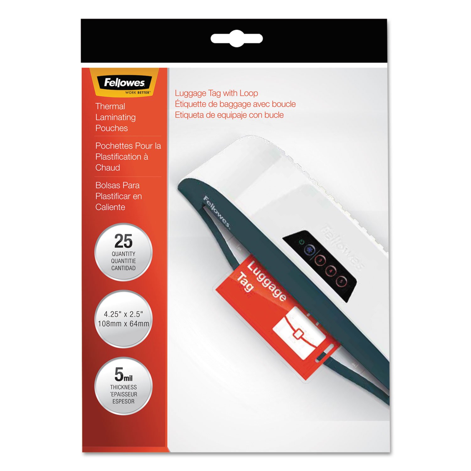 Fellowes 5 Mil Laminating Pouches with Luggage Tag, Punched Hole & Loop - 25 Pack (52003) - Ideal for Document Protection, ID Badges & Travel Tags