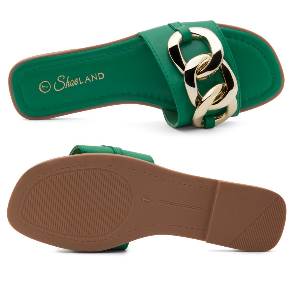EMMA Women's Flat Sandals - Square Open Toe Single Band Slides with Metal Chain | Comfortable Cushioned Footbed Slip-On Slippers for Summer, Beach, Travel & Daily Wear | Casual & Fashionable Sandals for Women