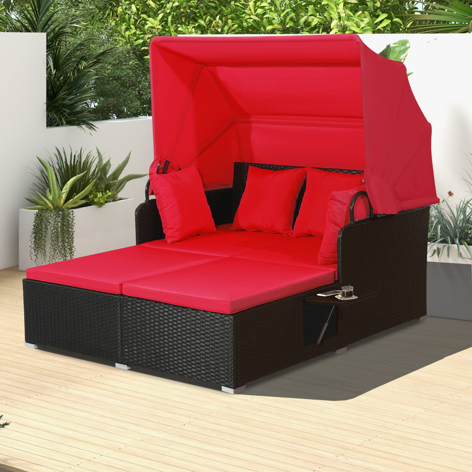 Tangkula Patio Rattan Daybed with Retractable Canopy - Outdoor Wicker Lounger with 2 Foldable Side Panels & Thick Cushions - Double Conversation Bed for Garden, Backyard, Porch (Red) - Perfect for Sunbathing, Relaxing, and Outdoor Entertaining