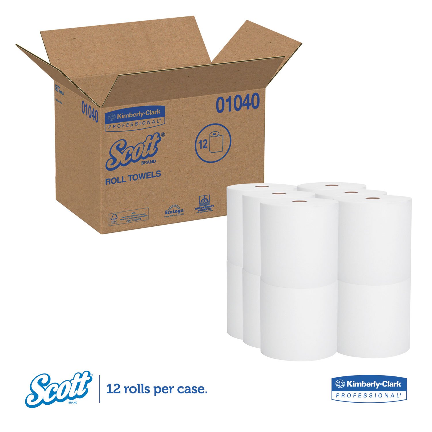 Scott 01040 Hard Roll Towels - 12 Rolls/Carton, 1.5-Inch Core, 8 x 800ft, White Commercial Paper Towels for Restaurants, Kitchens & Industrial Use