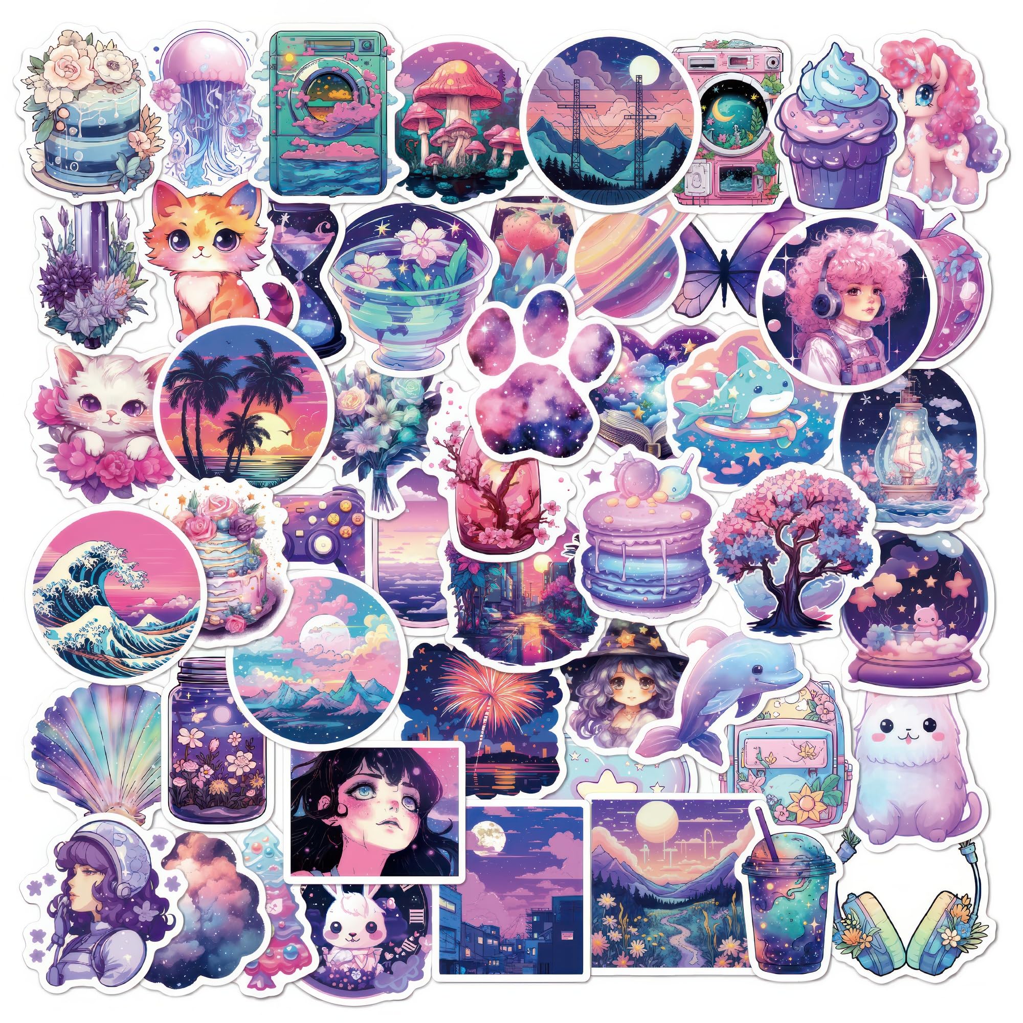 50 Midnight Magic Fantasy Stickers - Kawaii Waterproof Decals for Kids & Teens - Aesthetic Purple Cute Vinyl Stickers for Water Bottles, Laptops, Journals, Mirrors - Perfect for School, DIY Crafts & Nature Exploration
