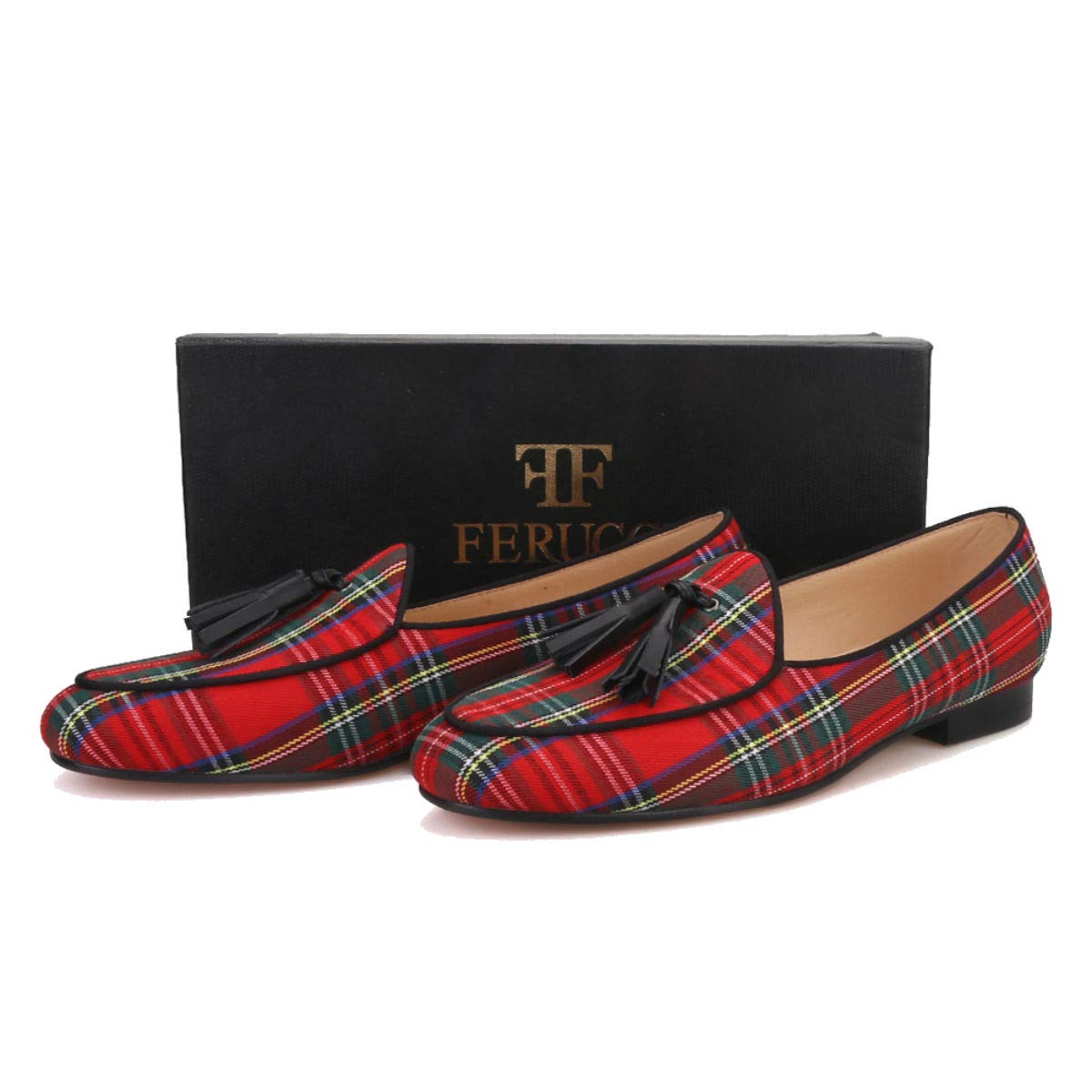 FERUCCI Men's Red Scottish Tartan Slippers - Comfortable Loafers with Black Leather Tassel | Casual House Shoes for Men, Perfect for Indoor Wear, Lounge & Relaxation