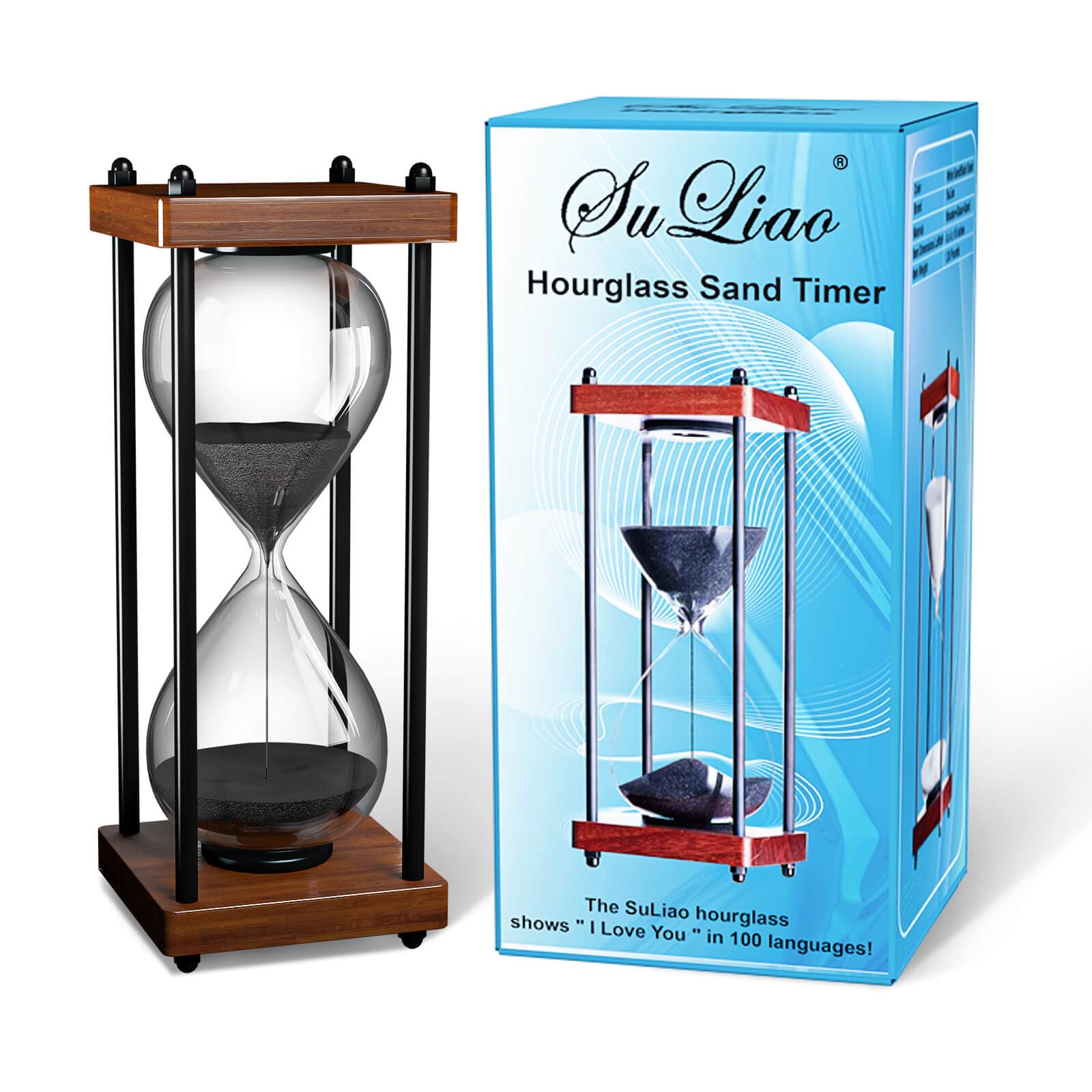 30 Minute Large 10 Inch Wooden Hourglass Sand Timer - Antique Sand Watch with Metal Base for Home, Office Desk Decor | Perfect for Yoga, Meditation, Cooking, Board Games & Productivity Tracking (Black)