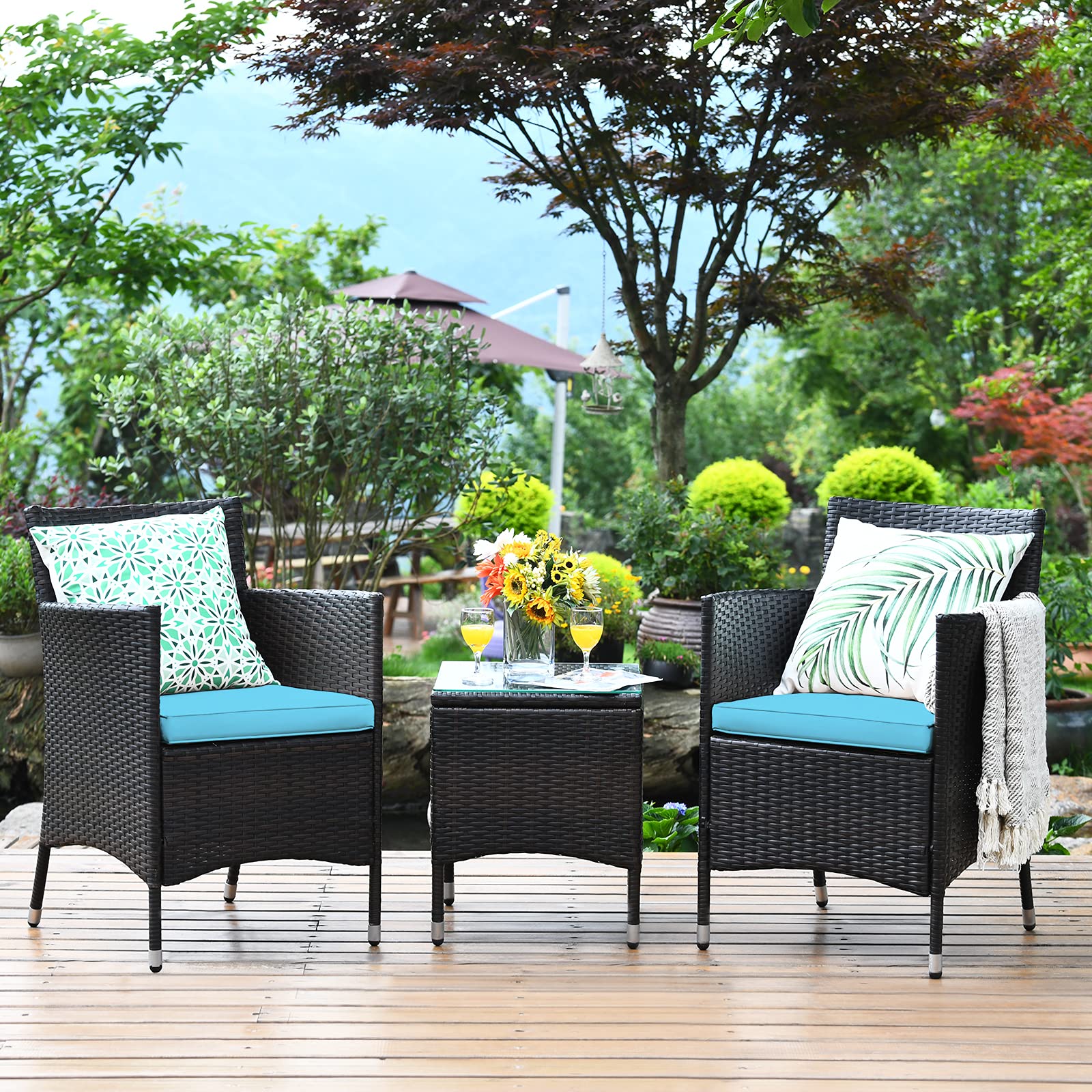 Tangkula 3-Piece Outdoor Patio Furniture Set - Wicker Rattan Conversation Set with Coffee Table, Chairs & Thick Cushions - Perfect for Garden, Backyard, Poolside or Balcony Relaxation