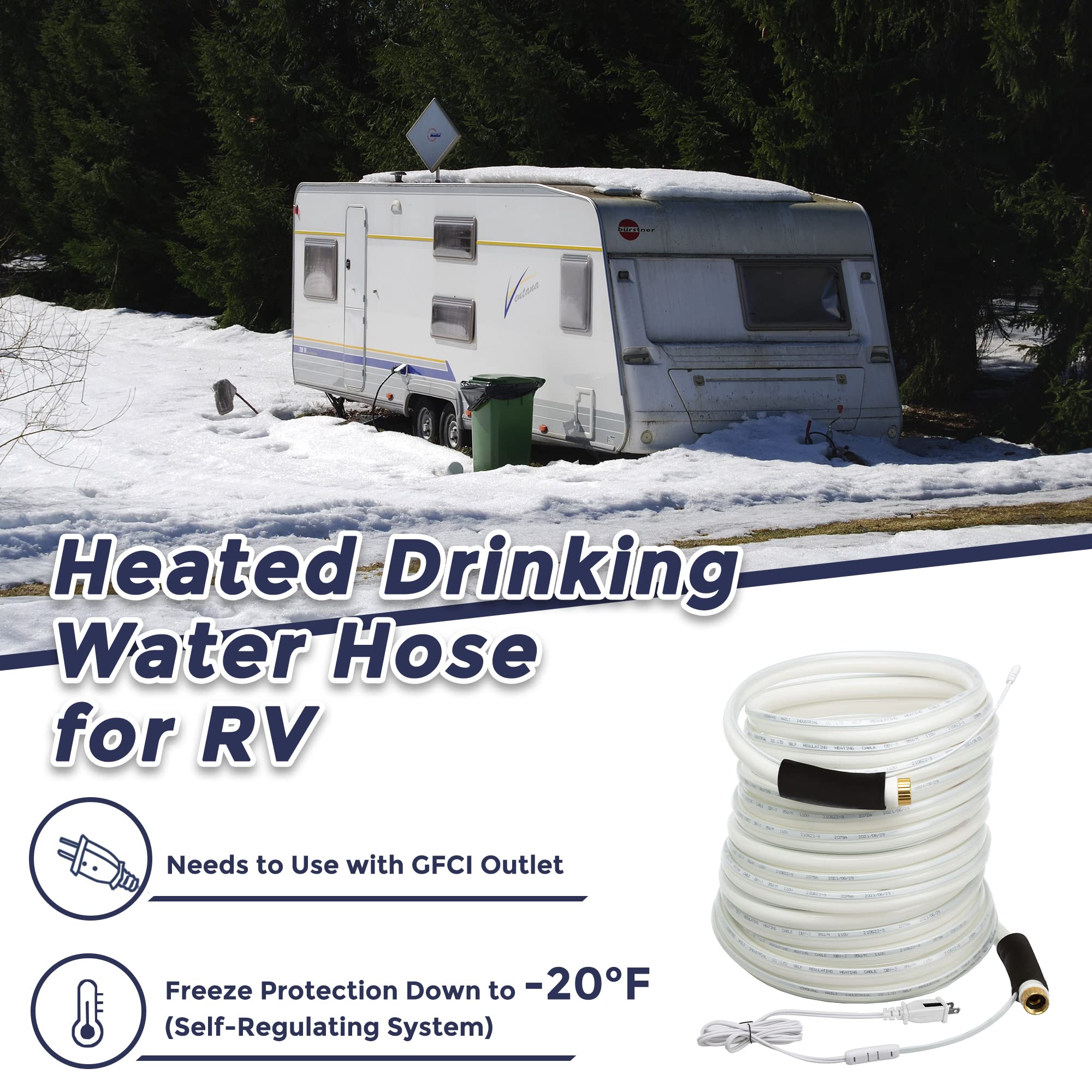 Giraffe Tools 50ft Heated RV Water Hose - 5/8 Inch Insulated Drinking Water Hose with Energy Saving Thermostat, Freeze Proof Down to -20°F, Lead & BPA Free - Perfect for Campers, Trucks & Winter RVing (White)