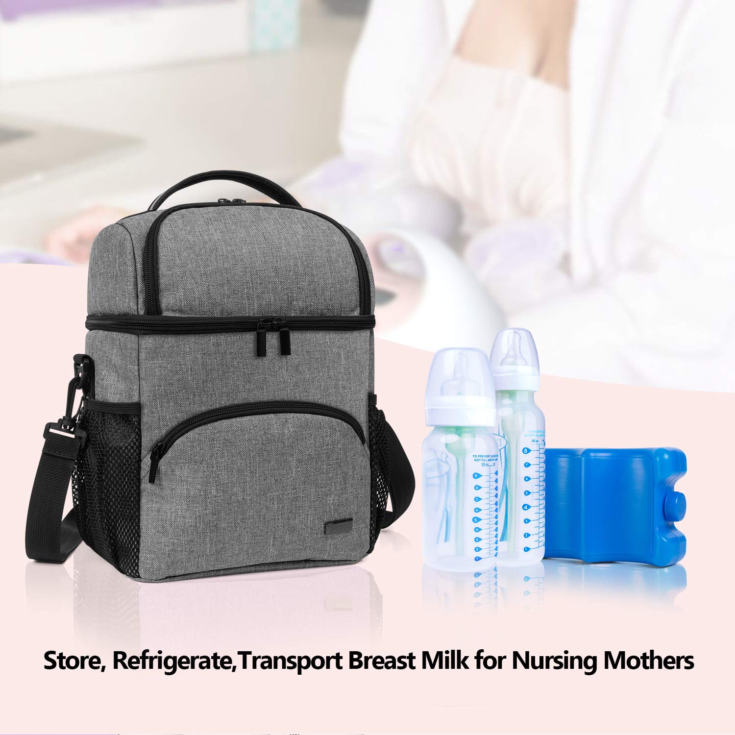 Teamoy Double Layer Insulated Breastmilk Cooler Bag with Ice Pack - Portable Baby Bottle Storage for Travel & Daycare - Holds 6 Large 9oz Bottles (Gray) - Perfect for Nursing Moms, Working Parents & On-the-Go Families