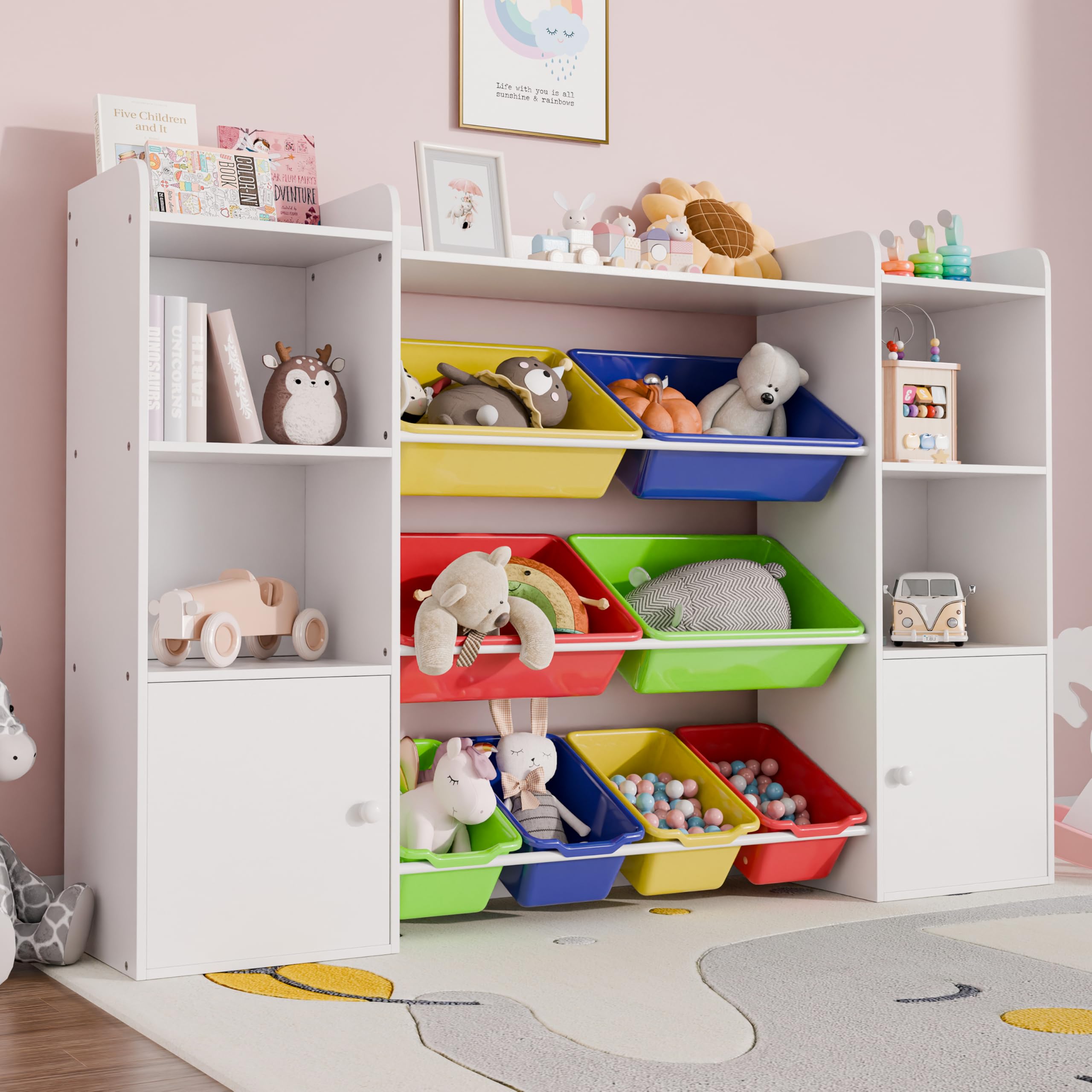 Xilingol 8-Bin Kids Toy Storage Organizer with Removable Bins, 4-Tier Bookshelf & 6-Cubby Toy Organizer for Playroom, Bedroom, Classroom - Perfect for Organizing Toys, Books & Games in Kids Rooms & Daycare Centers