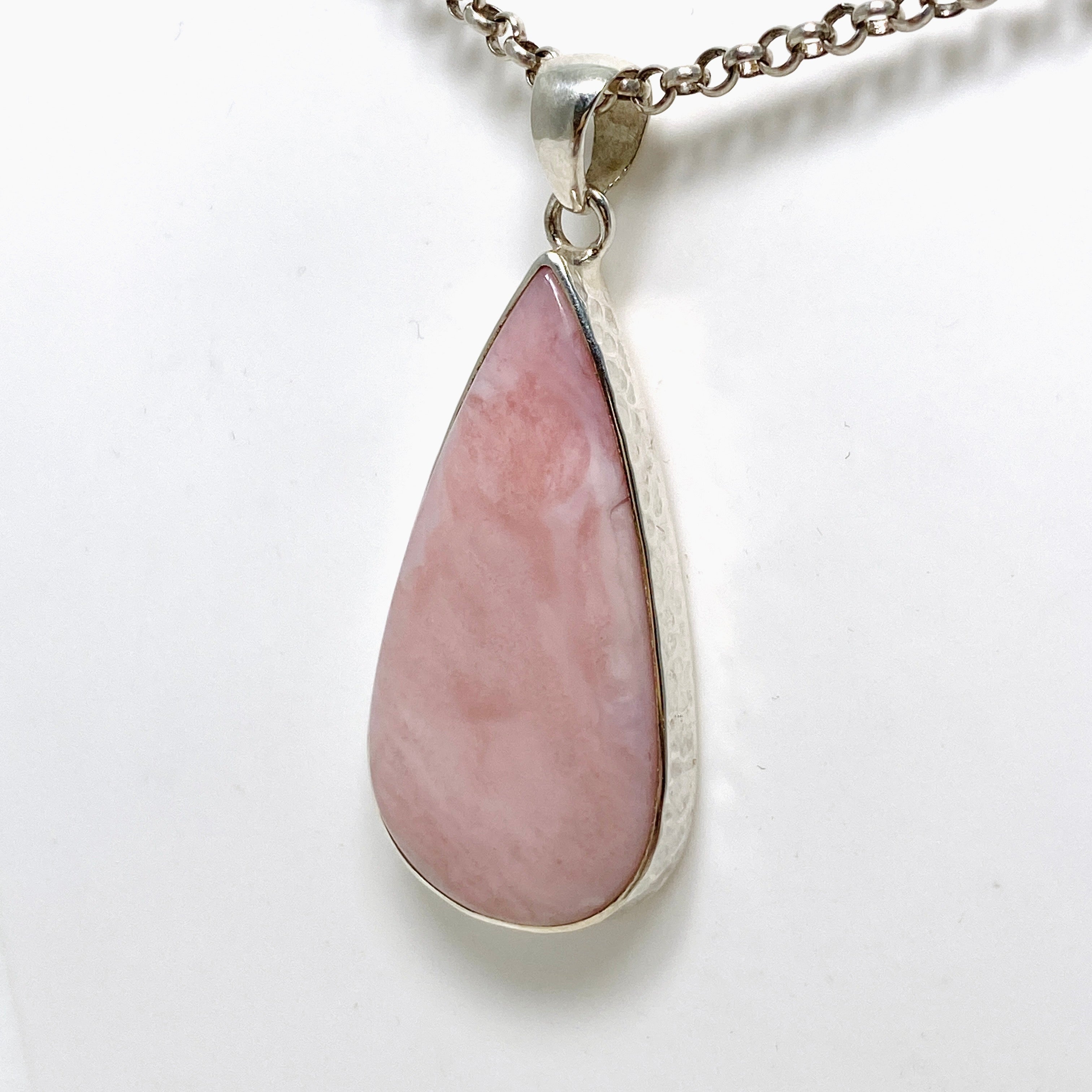 Natural Pink Opal Teardrop Cabochon Pendant Necklace - Handmade Hammered Sterling Silver Setting KPGJ4669 - Perfect for Boho Jewelry & Gift Giving