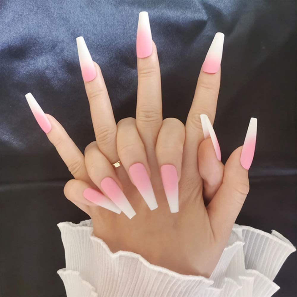 24Pcs Extra Long Ballerina Gradient False Nails - Matte Pink Coffin Press-On Nails with Glue & Stickers | Salon Quality Fake Nails for Women & Girls | Perfect for Parties, Weddings, and Special Occasions