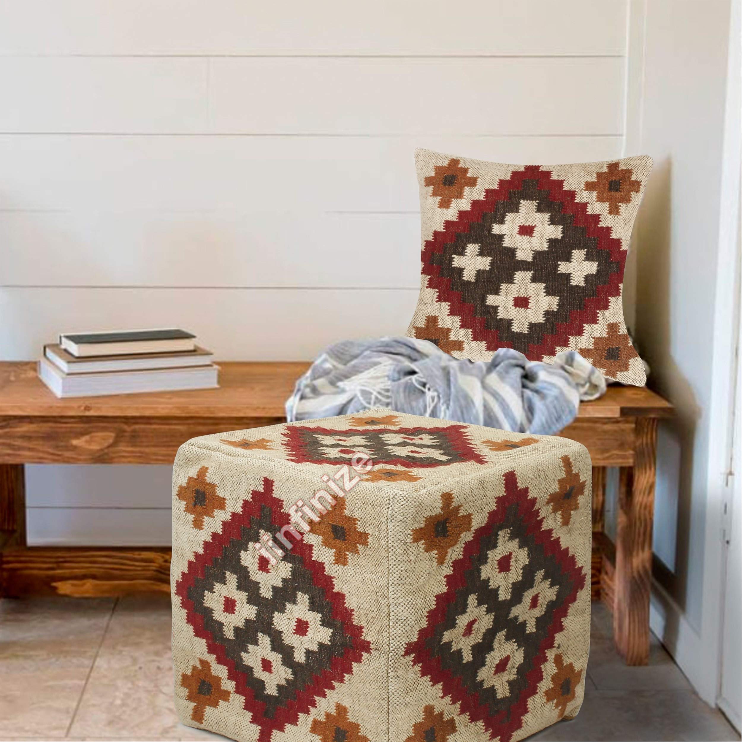Vintage Moroccan Pouf Footstool - Handmade Wool Jute Pouffe Ottoman with Ethnic Pillow Cover - Boho Home Decor for Living Room, Bedroom & Nursery (Multi-Purpose Floor Seating & Footrest)