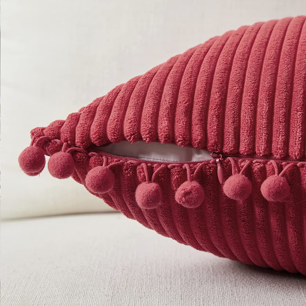 2 Pack Christmas Burgundy Decorative Throw Pillow Covers 18x18 Inch (45x45 cm) - Soft Corduroy Square Cushion Cases with Pom Poms for Couch, Bed & Living Room - Festive Holiday Home Decor for Xmas Tree & Fireplace Settings