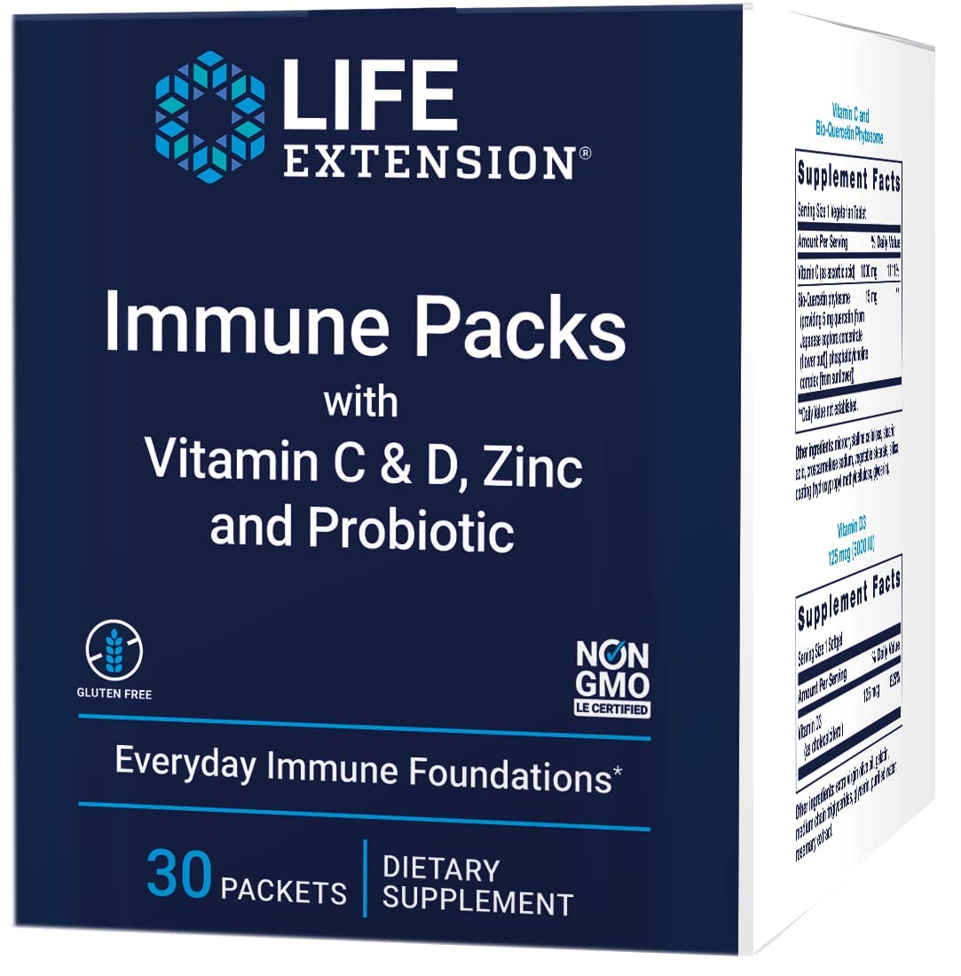 Life Extension Immune Support Packs - Vitamin C, Vitamin D, Zinc & Probiotic Blend (30 Count) - Daily Immune Booster for Adults, Travel & Cold Season Defense