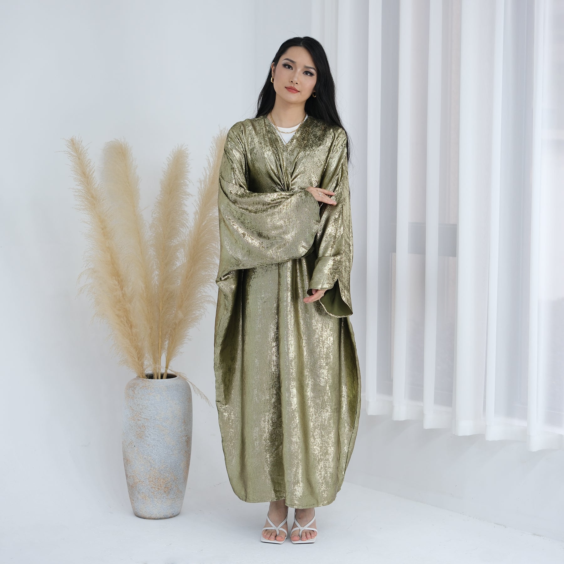 Elegant Florence Knot Shimmer Abaya Dress - Olive Green Islamic Prayer Gown for Women | Perfect for Eid, Mosque, and Special Occasions