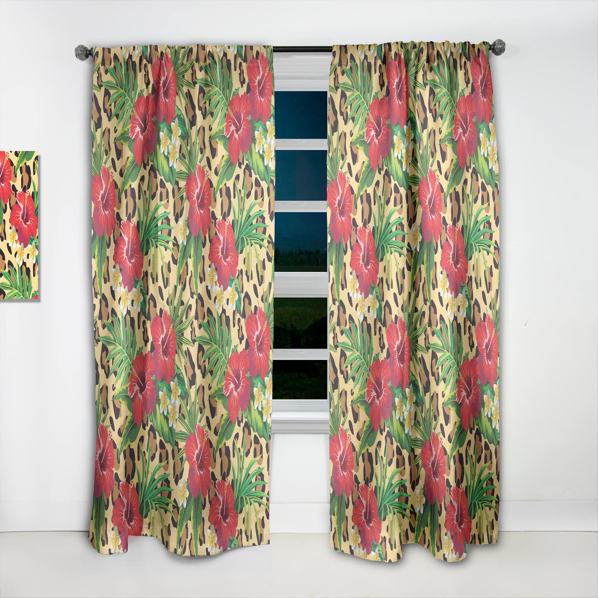 Tropical Hibiscus & Plumeria Flower Curtains with Palm Leaves - Thermal Insulated Blackout Drapes for Bedroom & Living Room - 52x84 Single Panel - Perfect for Beach House Decor, Boho Style Windows & Tropical Theme Rooms