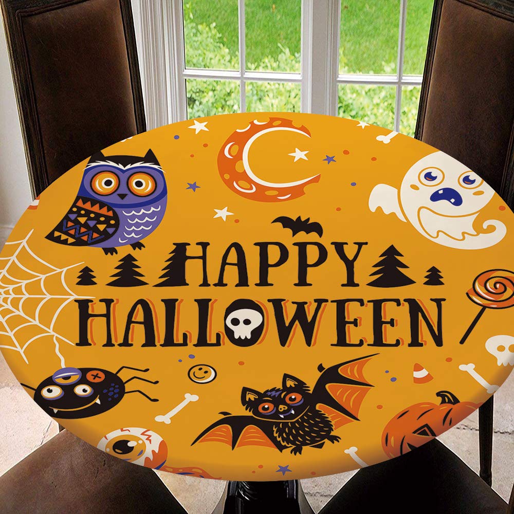 SUPNON Elastic Edge Round Tablecloth, Happy Halloween Cartoon Orange, Fits 59