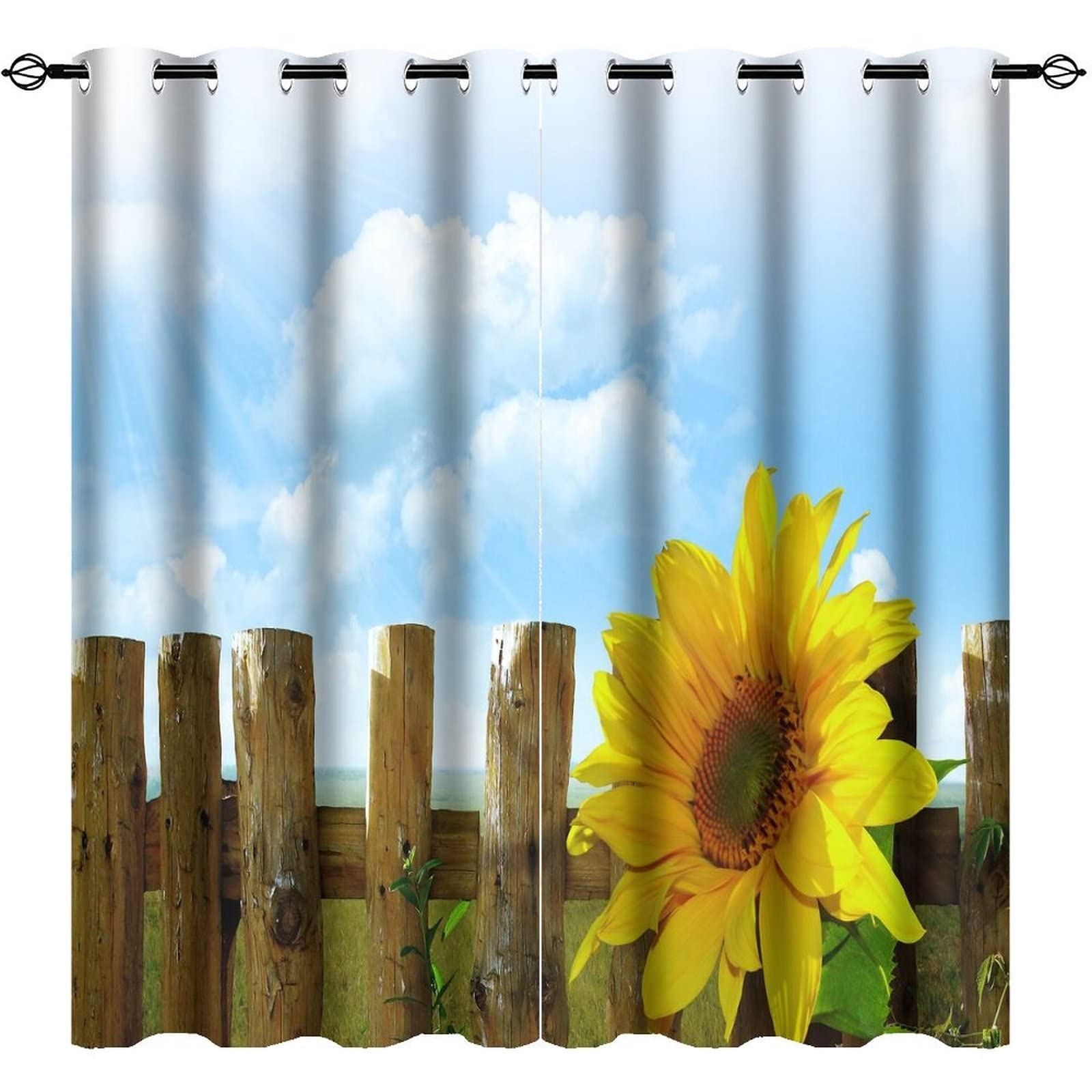 3D Farm Sunflower Blackout Curtains - Thermal Insulated Darkening Grommet Drapes with Countryside Scenery Print, 2 Panel Set (42