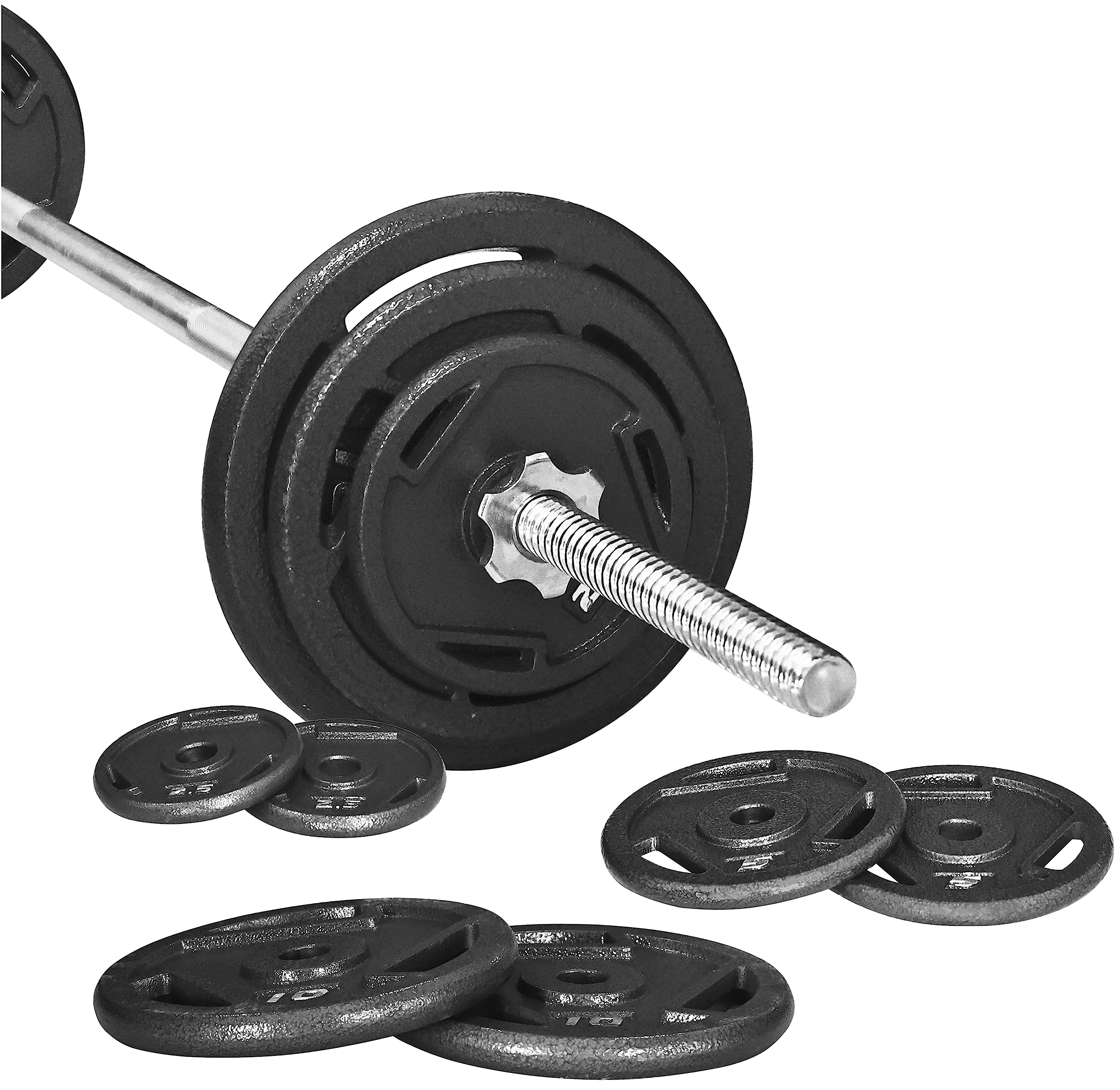 Cast Iron Standard Weight Plates 45-Pound Set (35lbs Plates + 10lbs Barbell) with 5FT Standard Barbell & Star Locks - Strength Training Equipment for Home Gym, CrossFit, Powerlifting & Weightlifting Workouts