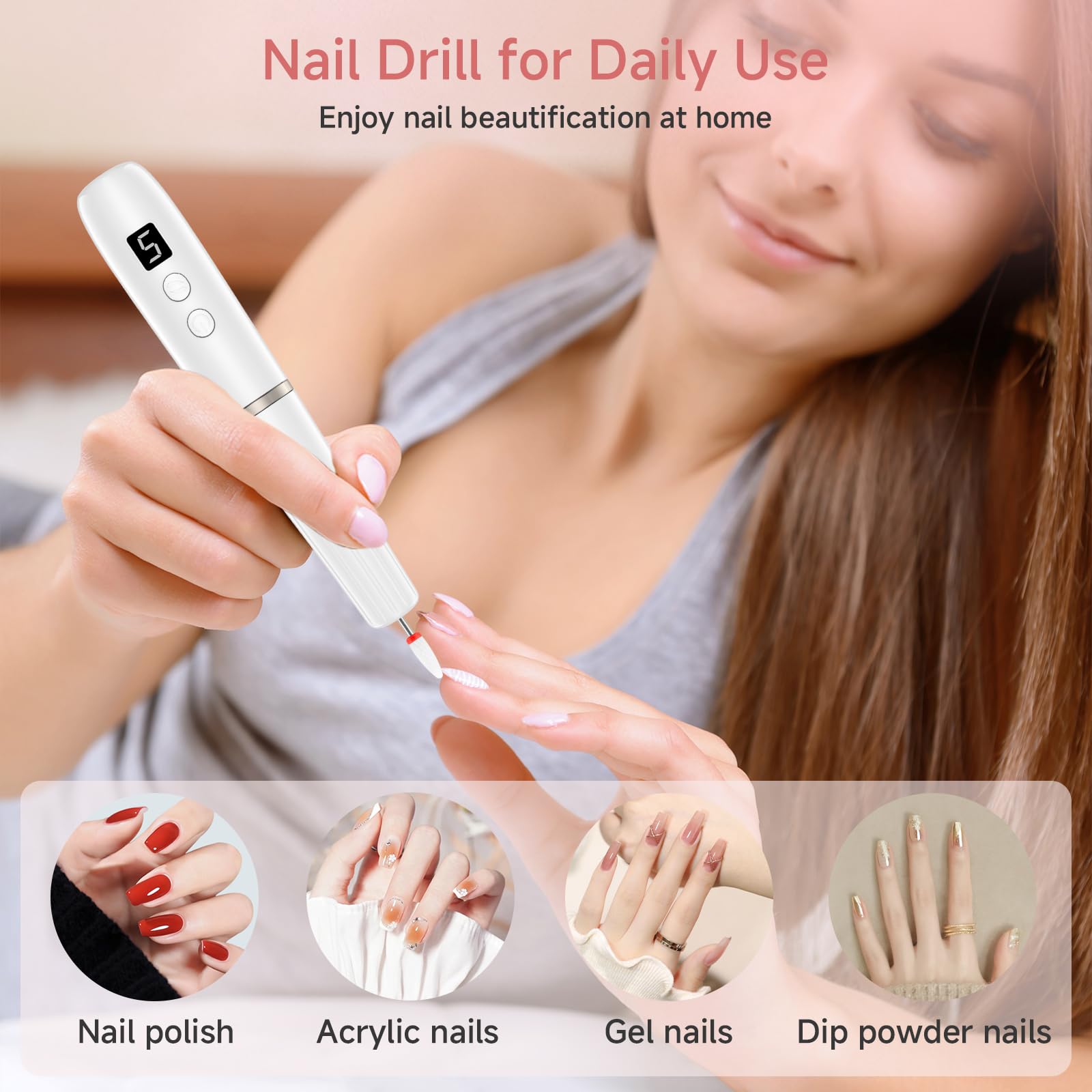 Professional Rechargeable Cordless Electric Nail Drill Kit - Acrylic Nail File & Buffer Set with Drill Bits & Sanding Bands | Perfect for Home Manicures & Salon Nail Art (White)
