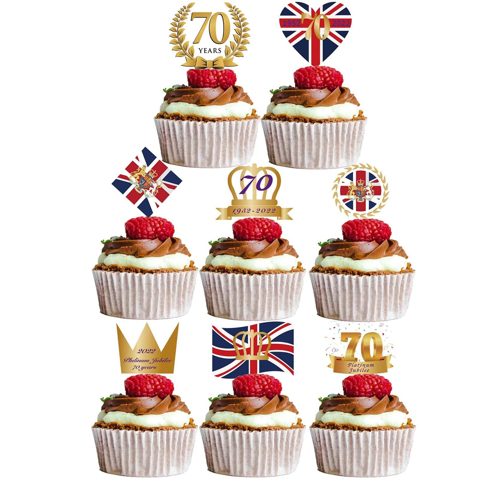 56 Pack Queen's Platinum Jubilee Cake Toppers - 70th Anniversary Celebration Decorations (2022) - Union Jack Party Supplies for Royal Themed Events - Cake & Cupcake Decorations for Birthday, Wedding, Anniversary Parties