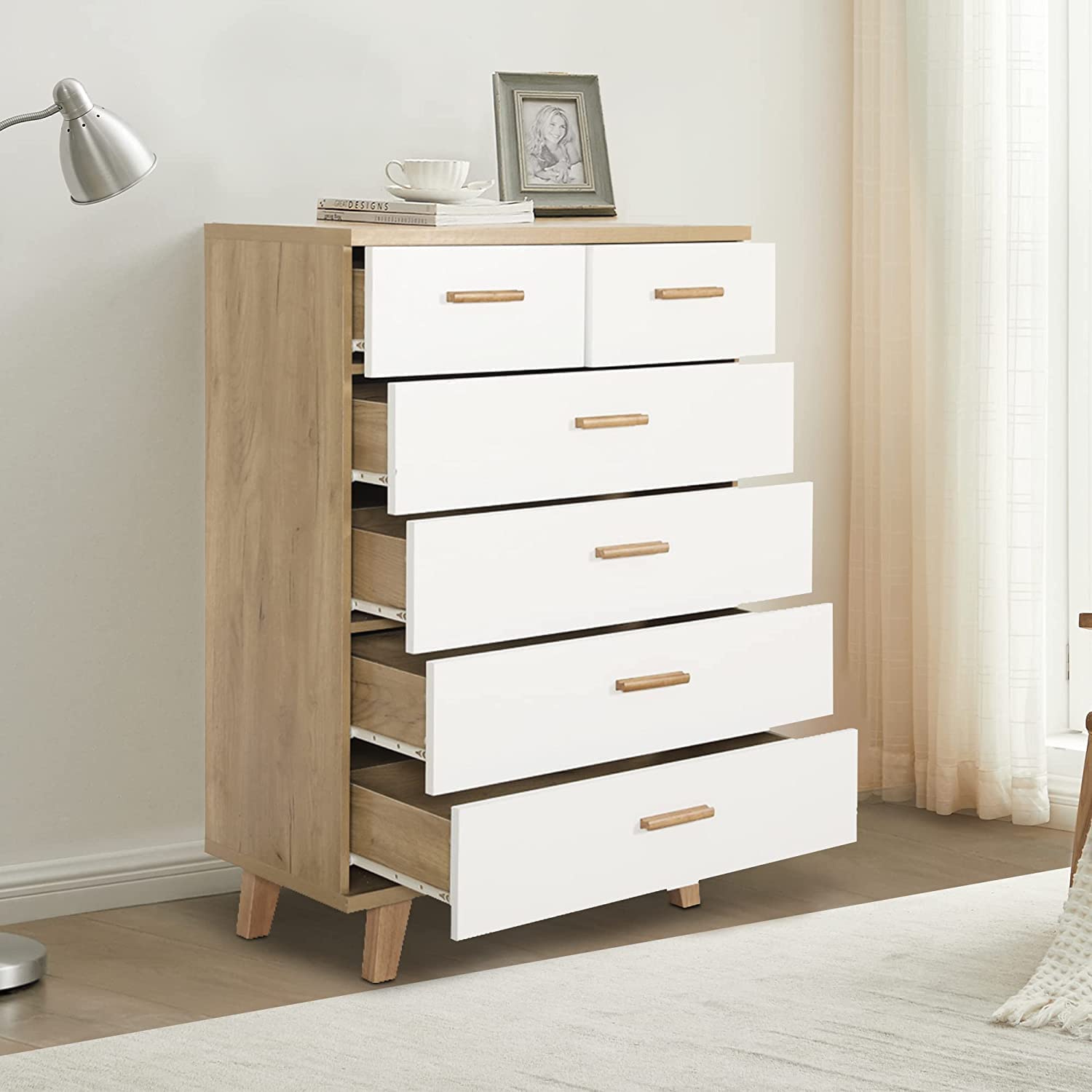 Modern 5-Drawer Wooden Dresser - White & Brown Chest of Drawers with Solid Wood Legs for Bedroom, Living Room, Entryway or Nursery - Perfect Storage Solution for Clothes, Toys and Home Organization