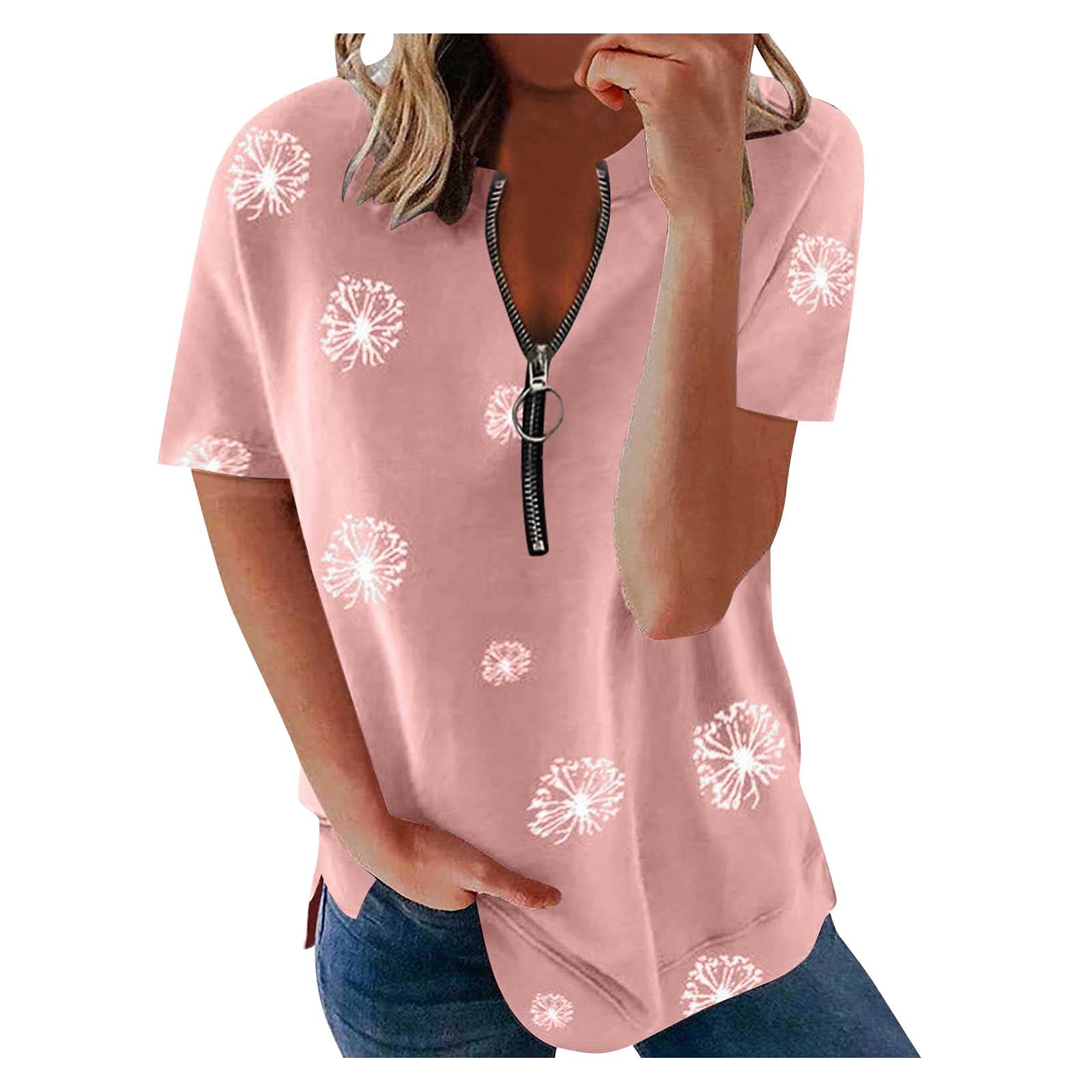 VISLINDU Women's Short Sleeve T-Shirts - Floral Print Summer Casual Blouses with Zipper Detail, Comfortable Pullover Tunic Tops for Everyday Wear, Outings & Beach Days
