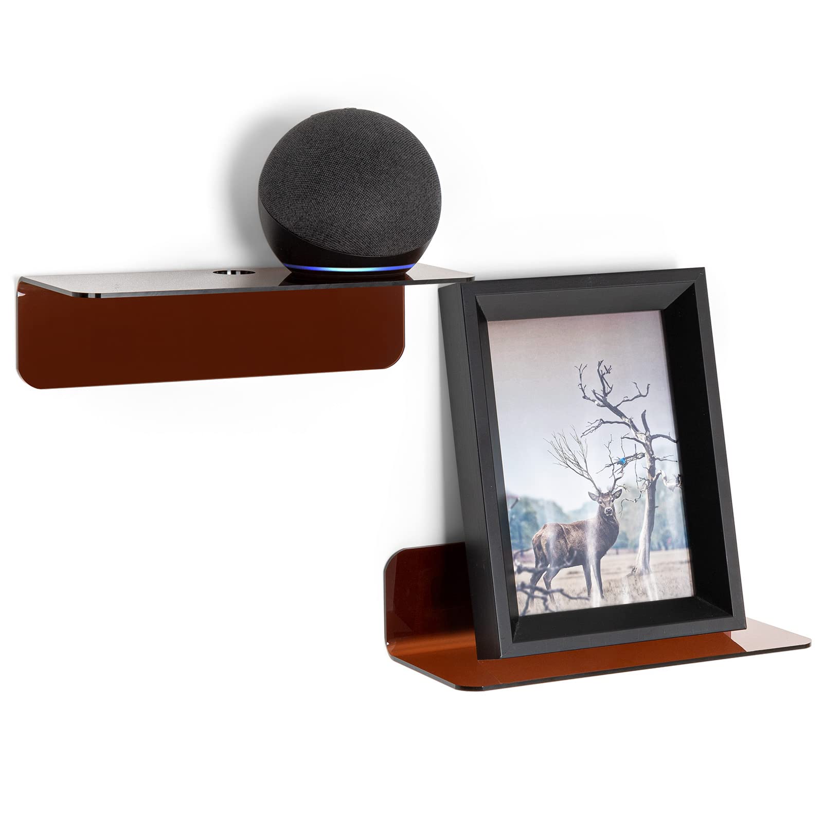 OAprire 2-Pack Acrylic Floating Shelves - 9 Inch Small Adhesive Wall Shelves for Home & Office - Expand Wall Space with Cable Clips - Perfect for Bedroom, Bathroom, Kitchen, Living Room (Brown)