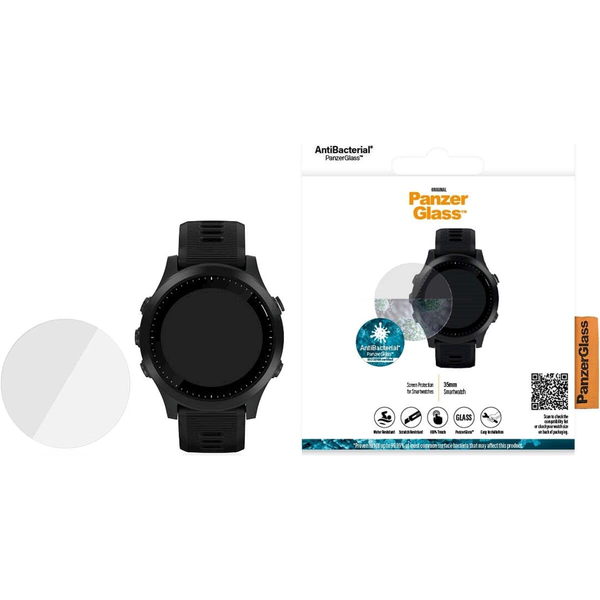 PanzerGlass 3605 Universal Smart Watch Screen Protector - Scratch Resistant, Tempered Glass, 1-Pack - Perfect for Apple Watch, Samsung Galaxy Watch & Fitbit Versa (Workout, Running, Swimming Protection)