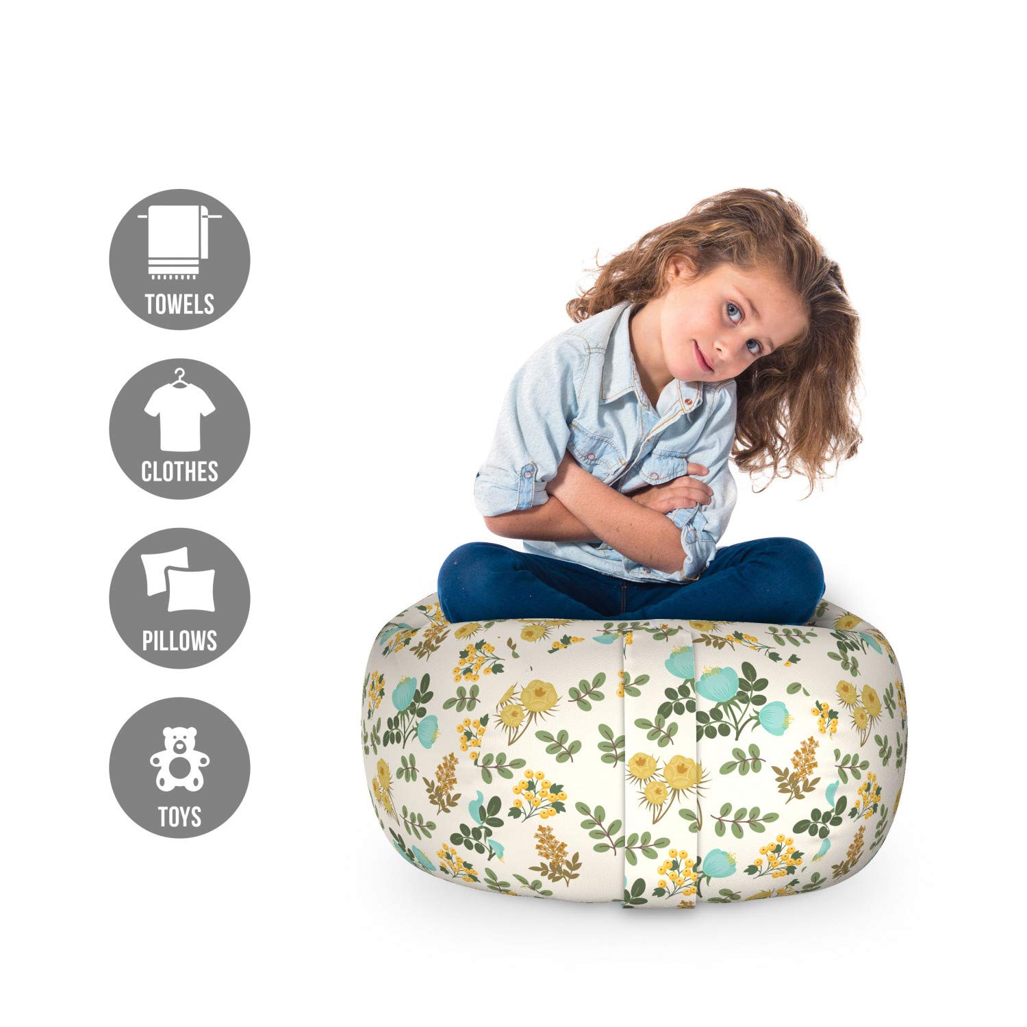 Ambesonne Botanical Storage Toy Bag Chair - Scattered Herbs & Flourishing Blossoms Design | Stuffed Animal Organizer & Washable Storage Bag | Small Size in Ivory Seafoam | Perfect for Kids' Room, Nursery & Playroom Organization