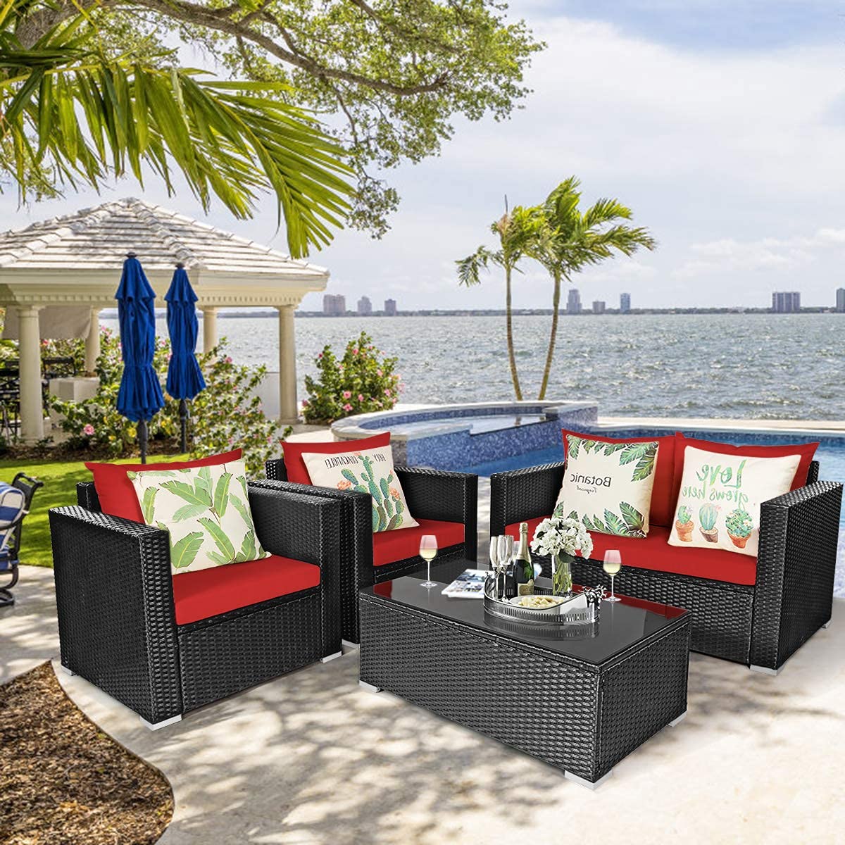 4-Piece Patio Rattan Chair Set with Tempered Glass Coffee Table & Cushions - Outdoor Wicker Sectional Sofa Conversation Set for Garden, Yard, Poolside (Red) - Perfect for Relaxing, Entertaining & Lounging in Your Outdoor Space