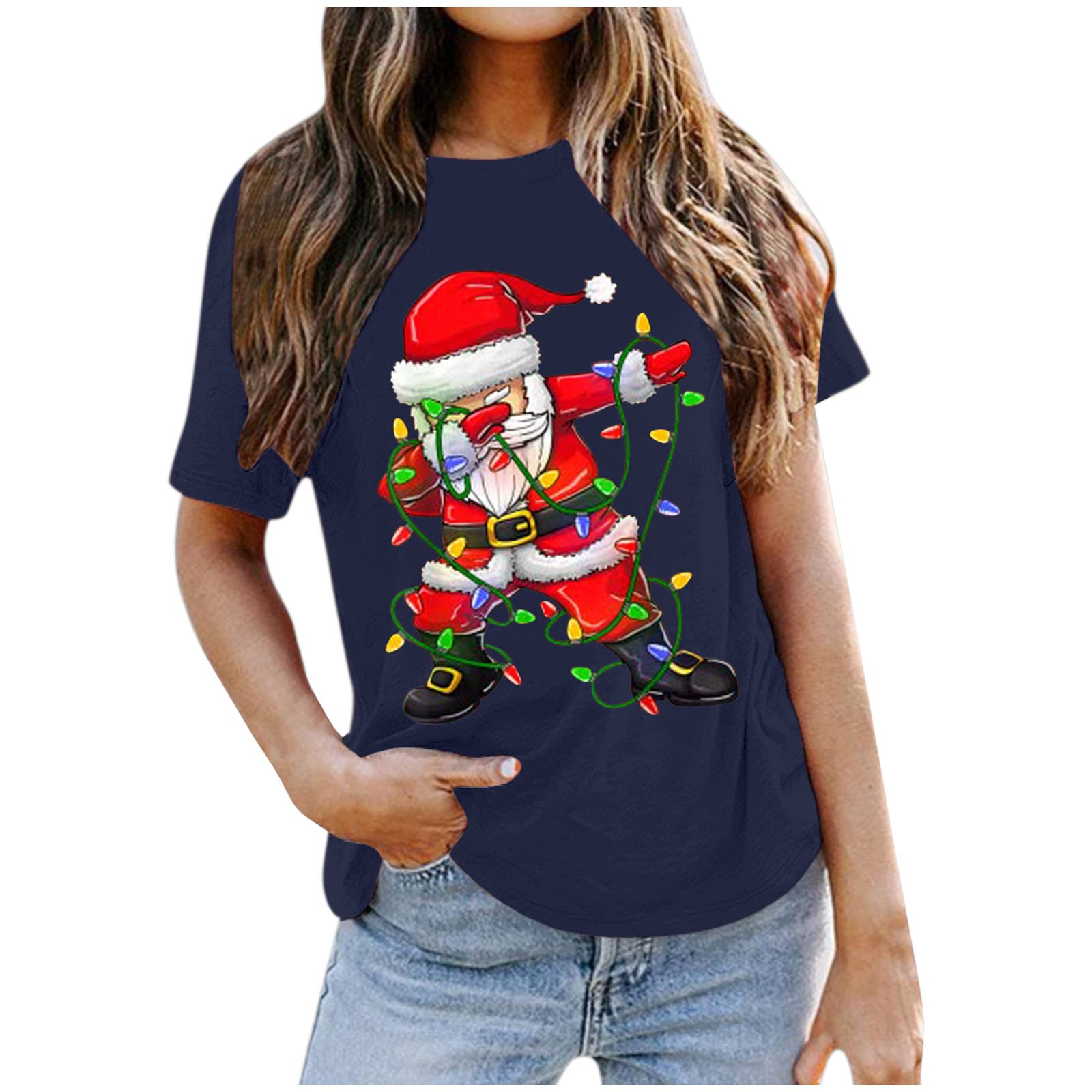 Funny Santa Claus Graphic Tee for Women - Hip-Hop Christmas Short Sleeve T-Shirt with Holiday Print | Perfect for Xmas Parties, Gift Exchange & Festive Outfits