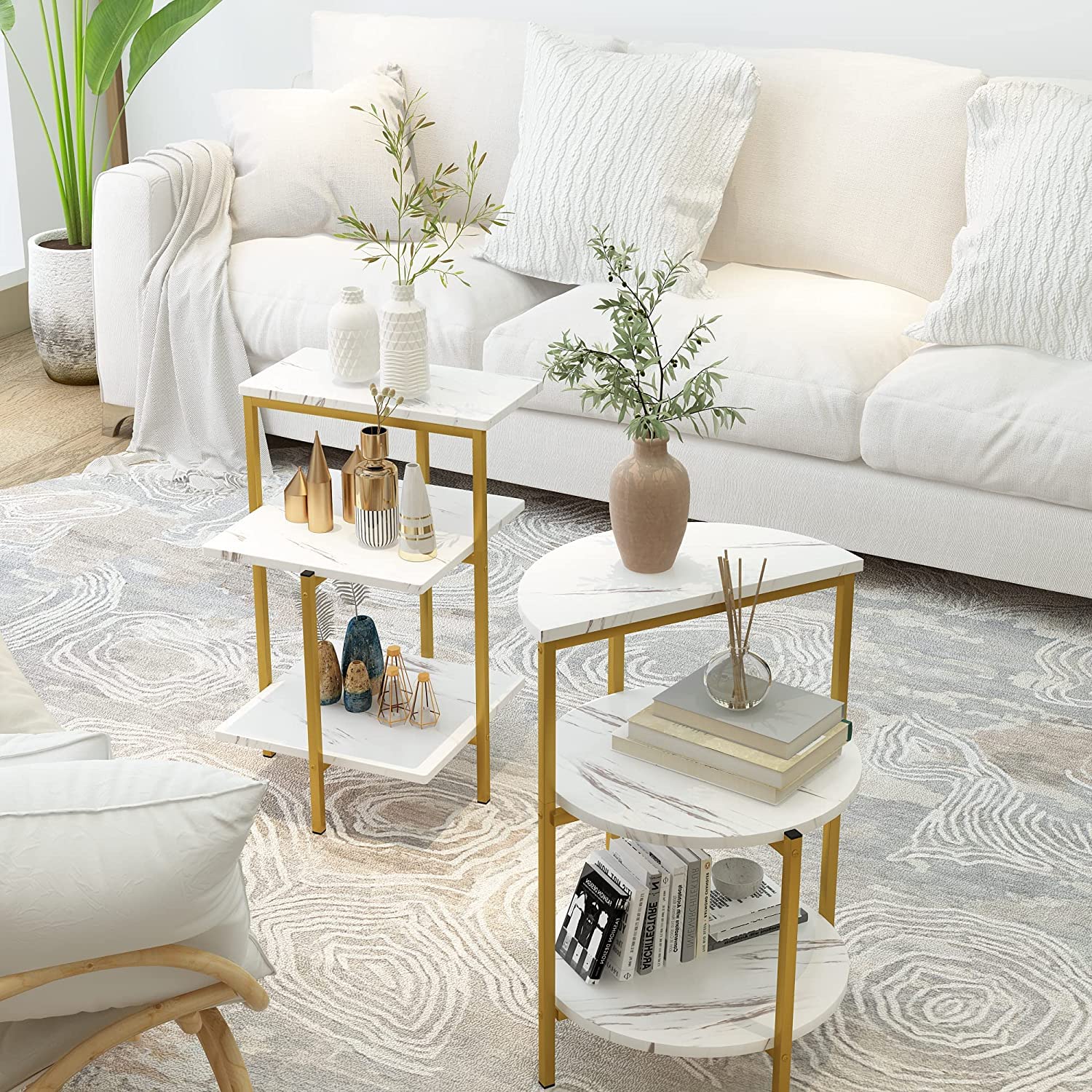 Stylish AWQM Faux Marble Coffee Table Set with 2 Side Tables - White & Gold Metal Frame 3-Piece Living Room Furniture for Apartments | Perfect for Small Spaces, Modern Decor & Entertaining Guests