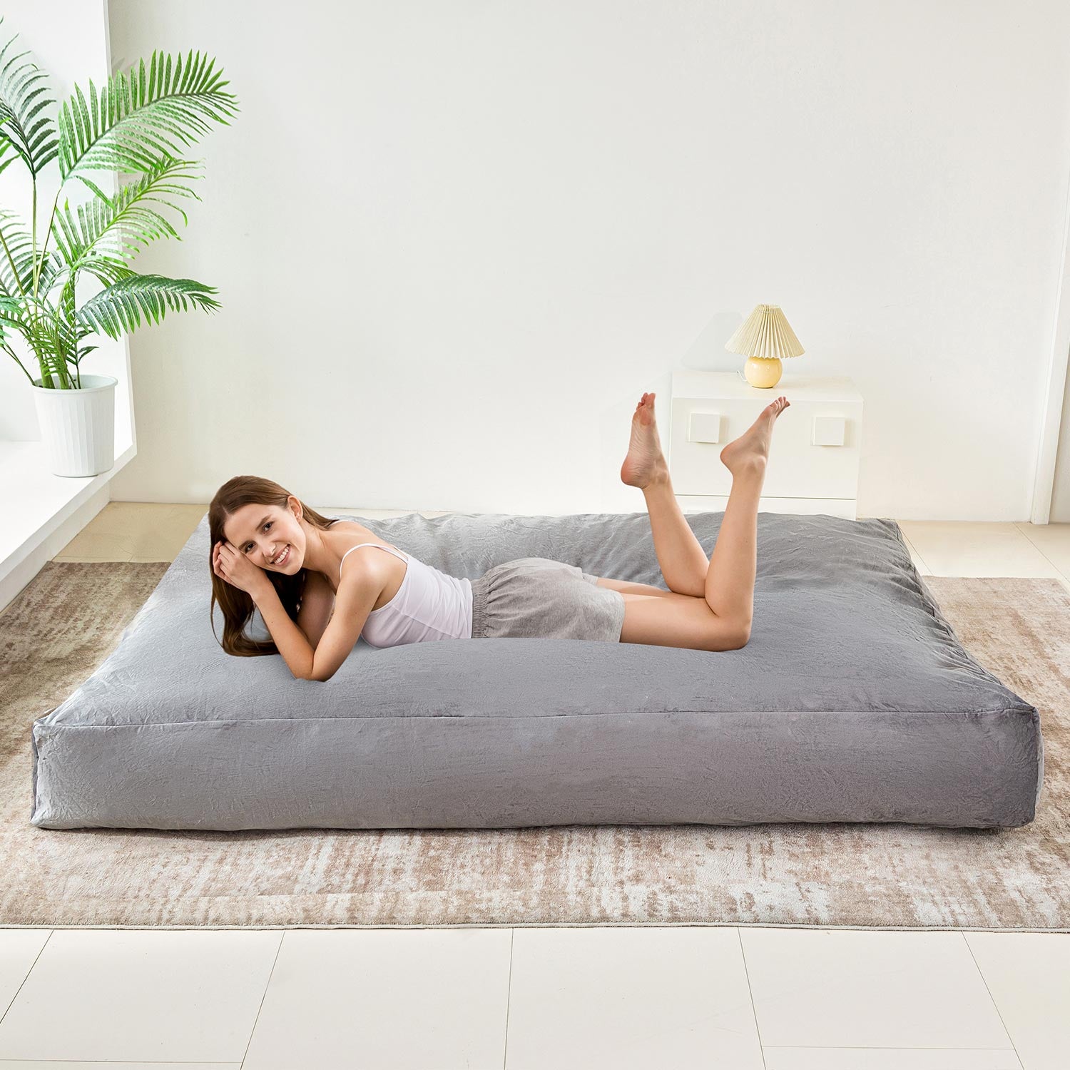 MAXYOYO Faux Fur Bean Bag Chair - Convertible Velvet Floor Bed with Removable Cover, Grey | Cozy Lounge Chair for Bedroom, Living Room & Game Room