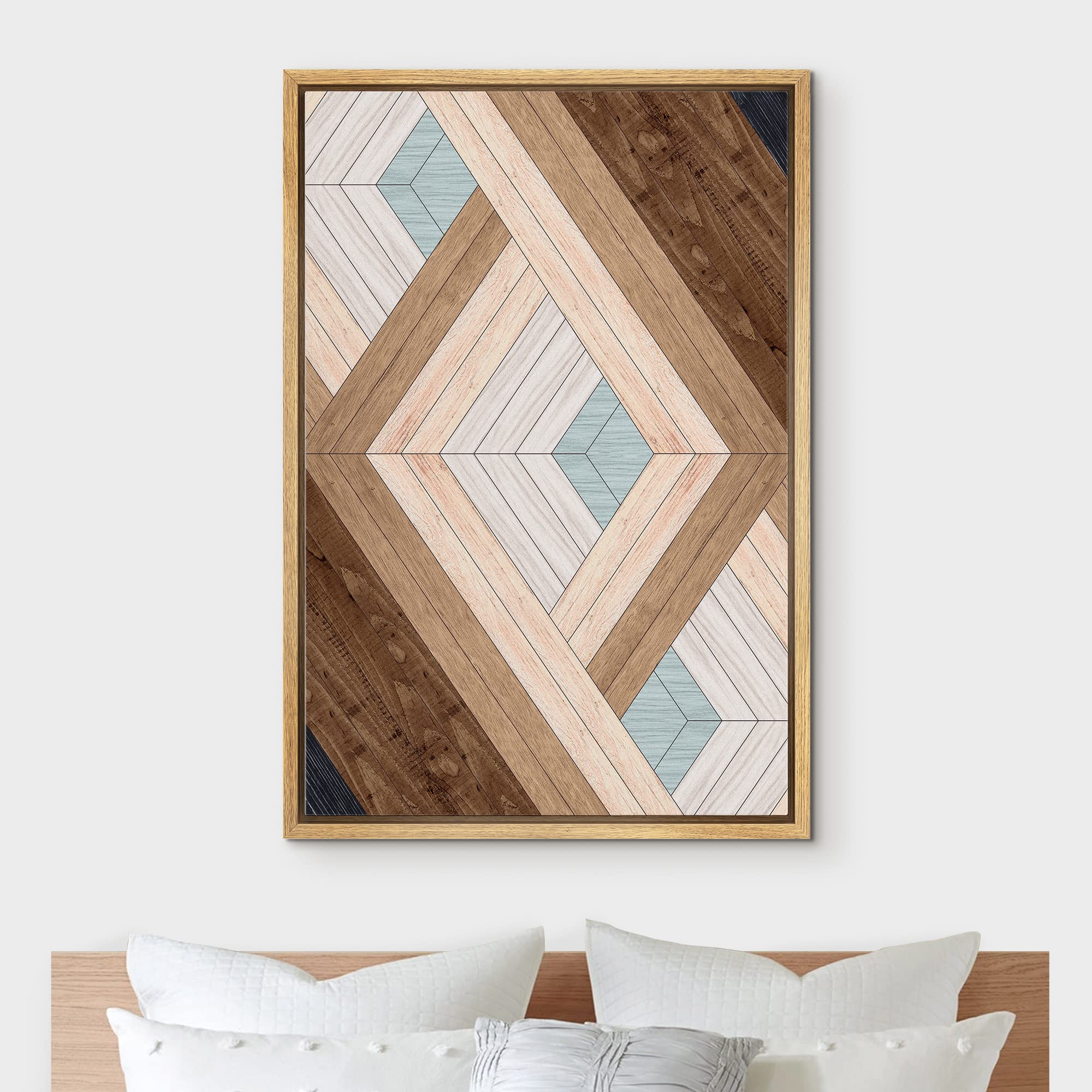 IDEA4WALL Framed Canvas Print Wall Art - Western Decor Geometric Diamond Wood Panel Pattern, Abstract Shapes Modern Nordic Minimal Boho Style for Living Room, Bedroom, Office, 24