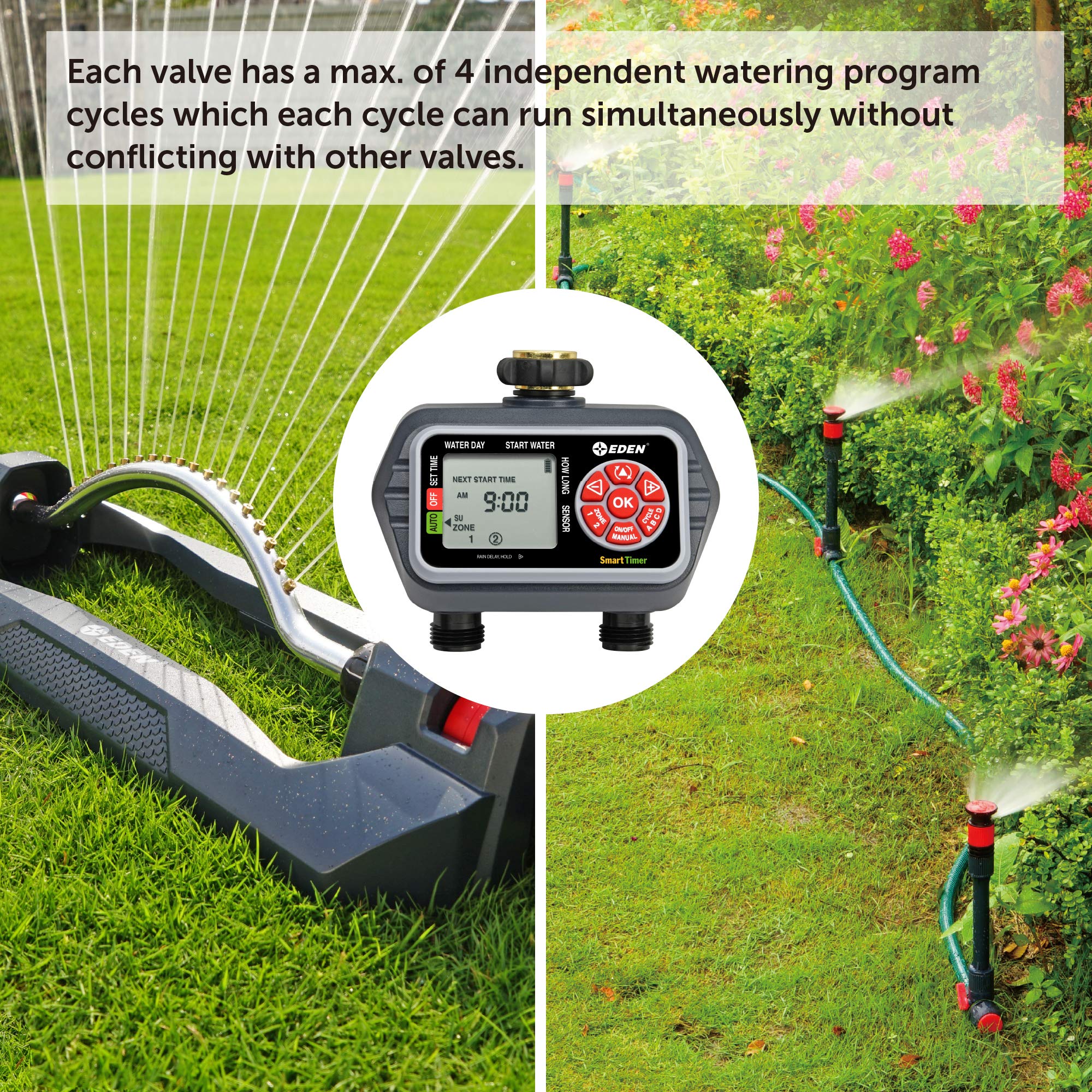 Eden 93412 2-Zone Programmable Digital Water Timer with Wireless Soil Moisture Sensor - Smart Irrigation for Garden, Lawn & Indoor Plants