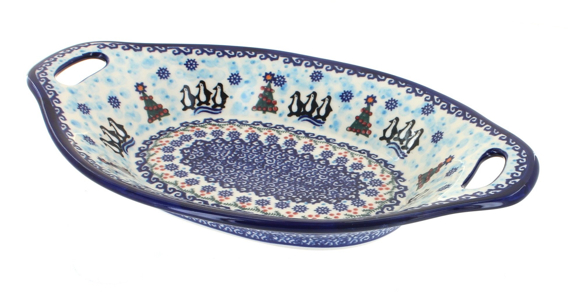 Handmade Blue Rose Polish Pottery Bread Tray with Handles - Traditional Arctic Holiday Serving Platter for Christmas Dinner, Tea Parties & Home Decor