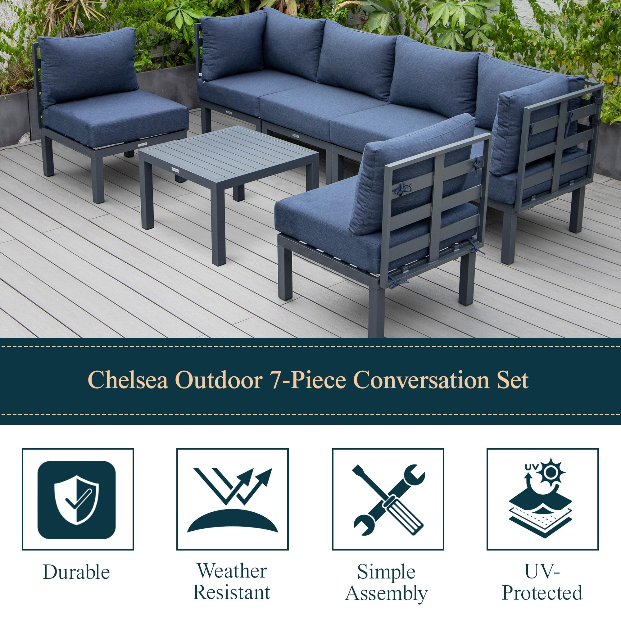 LeisureMod Chelsea 7-Piece Outdoor Patio Conversation Set with Aluminum Sectional Sofa, Weather-Resistant Cushions & Coffee Table - Blue | Perfect for Backyard, Poolside & Garden Relaxation