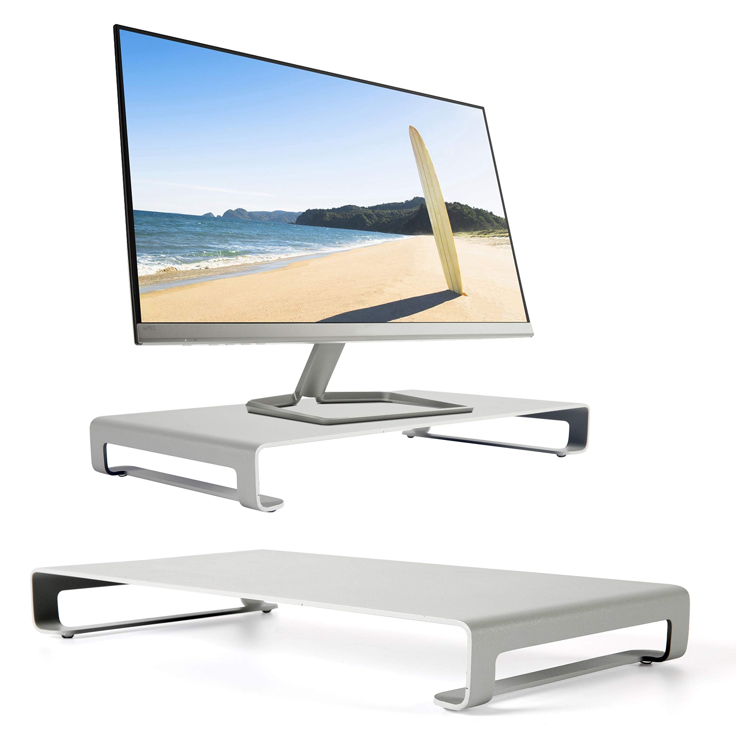 Universal Monitor Stand with 31 lbs Capacity - Heavy Duty Aluminum Desk Shelf Organizer for Office & Home - Space Saving TV Stand & Computer Accessories (Gray, 2 Pack) - Perfect for Workspace Organization & Multi-Screen Setups