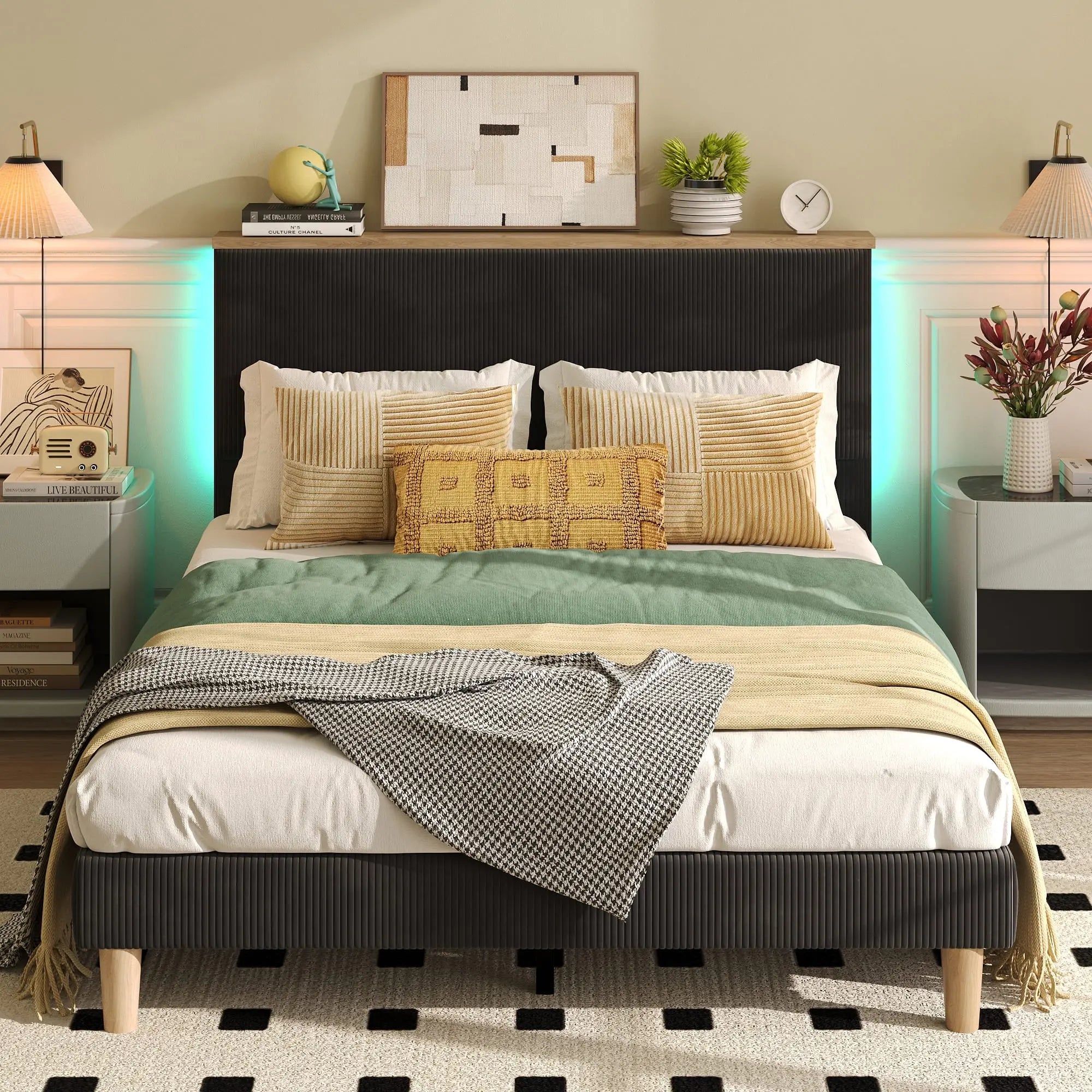 Bestier Queen Size Bed Frame with Upholstered Headboard - Sturdy Metal Platform Bed with Noise-Free Support - Perfect for Master Bedrooms, Guest Rooms & Apartments