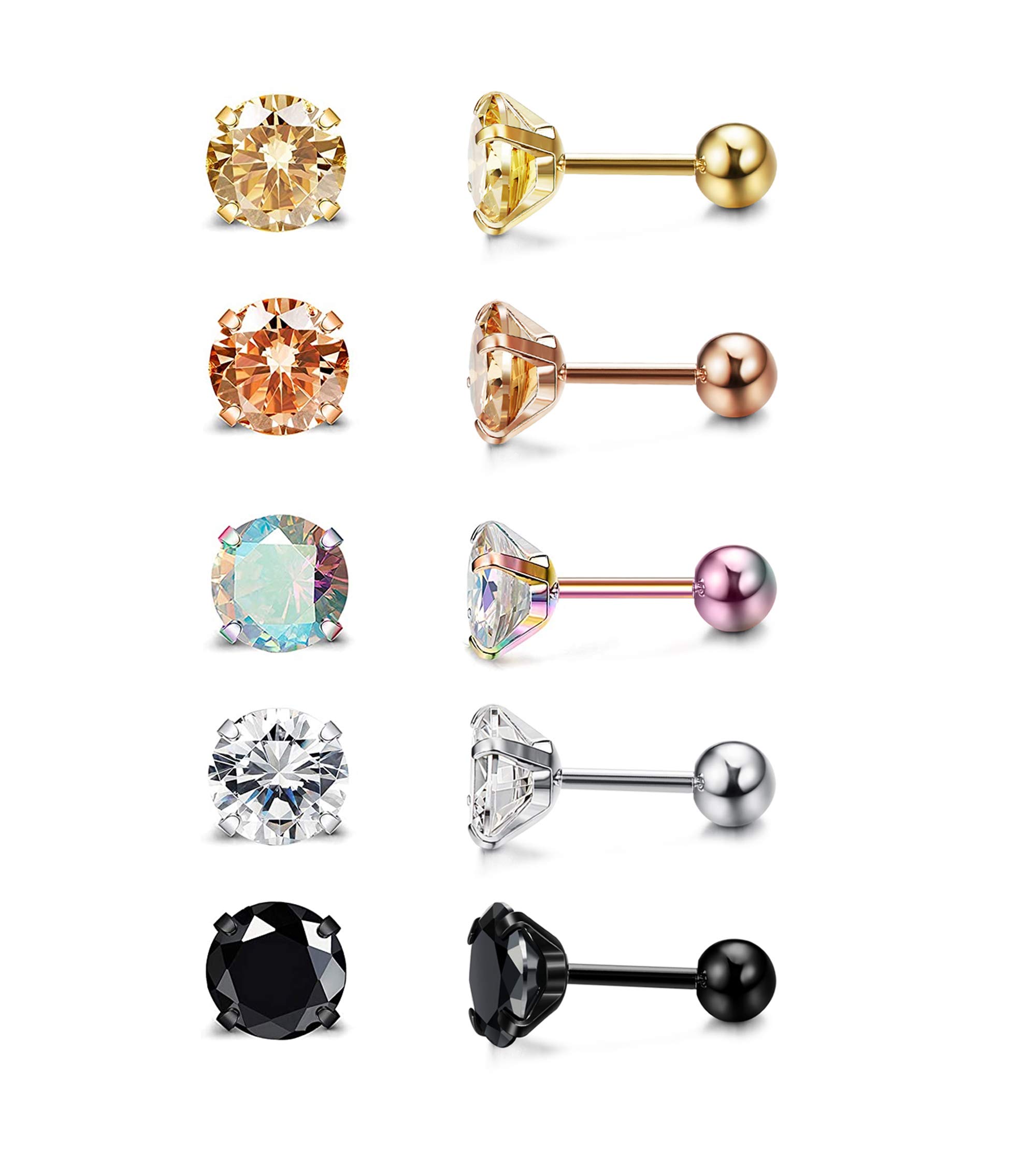 LOYALLOOK 5 Pairs Stainless Steel Cubic Zirconia Stud Earrings for Women - Hypoallergenic, 4-8mm, 5 Color Options - Perfect for Everyday Wear, Parties & Gift Giving