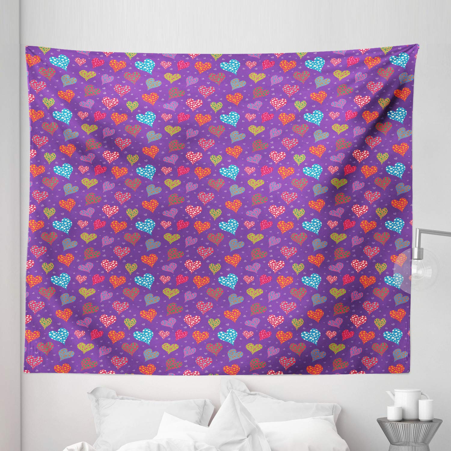 Ambesonne King Size Hearts Tapestry - Colorful Romantic Valentine's Day Wall Hanging with Big and Small Hearts Design, 104