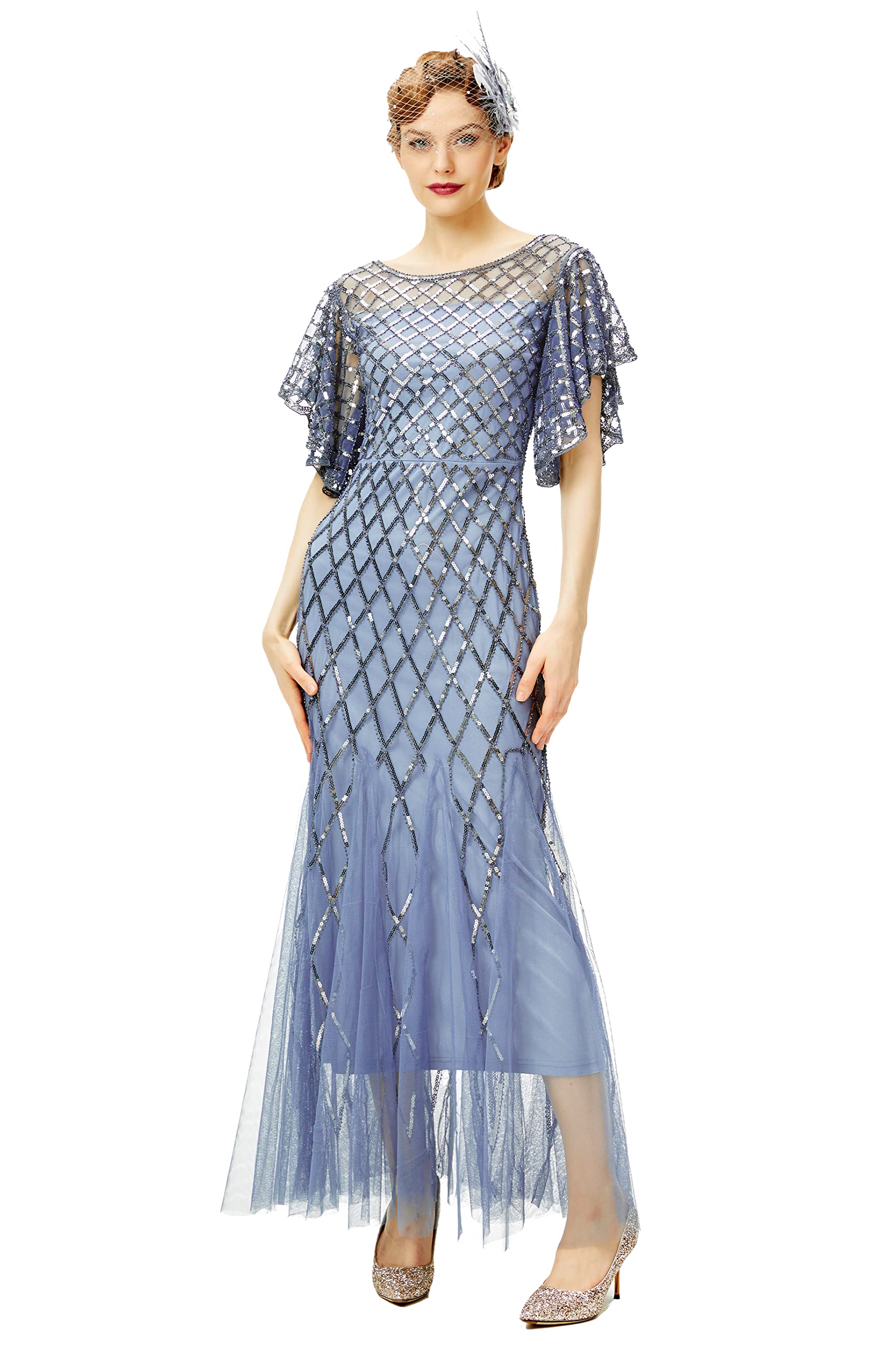 BABEYORN Women's Sparkly Sequin Long Formal Dress for Prom, Party, Evening Gala & Special Occasions - Elegant Short Sleeve Evening Gown for Weddings, Cocktails & Night Out