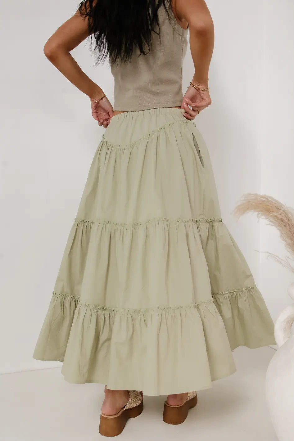 Layana Women's Flowy Sage Green Tiered Maxi Skirt - Boho Chic Long Skirt for Summer, Beach, Vacations & Casual Outings