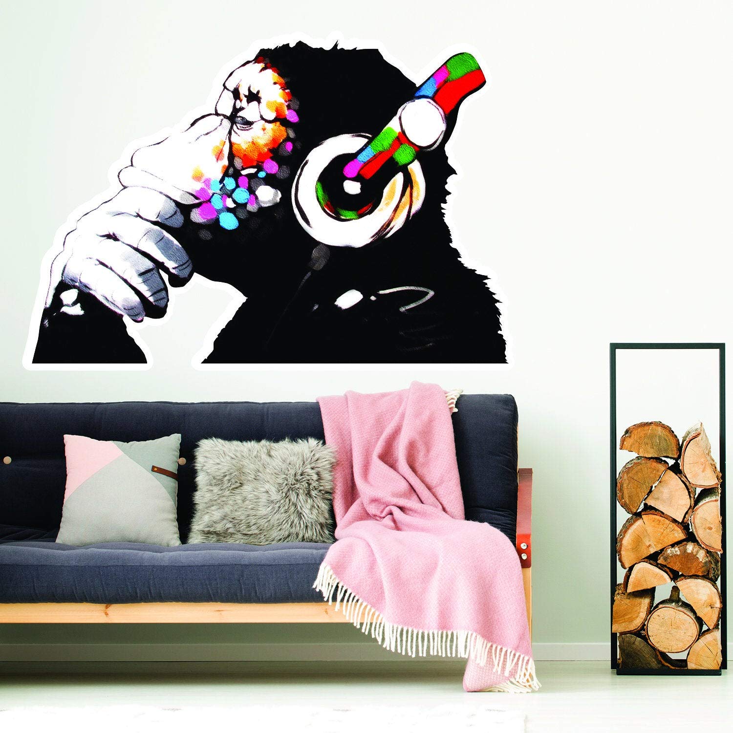 Banksy Thinking Monkey Sticker - High Quality Vinyl Wall Decal with Headphones | Street Art Graffiti Mural for Home & Office Decor | Perfect for Music Lovers & Urban Art Enthusiasts