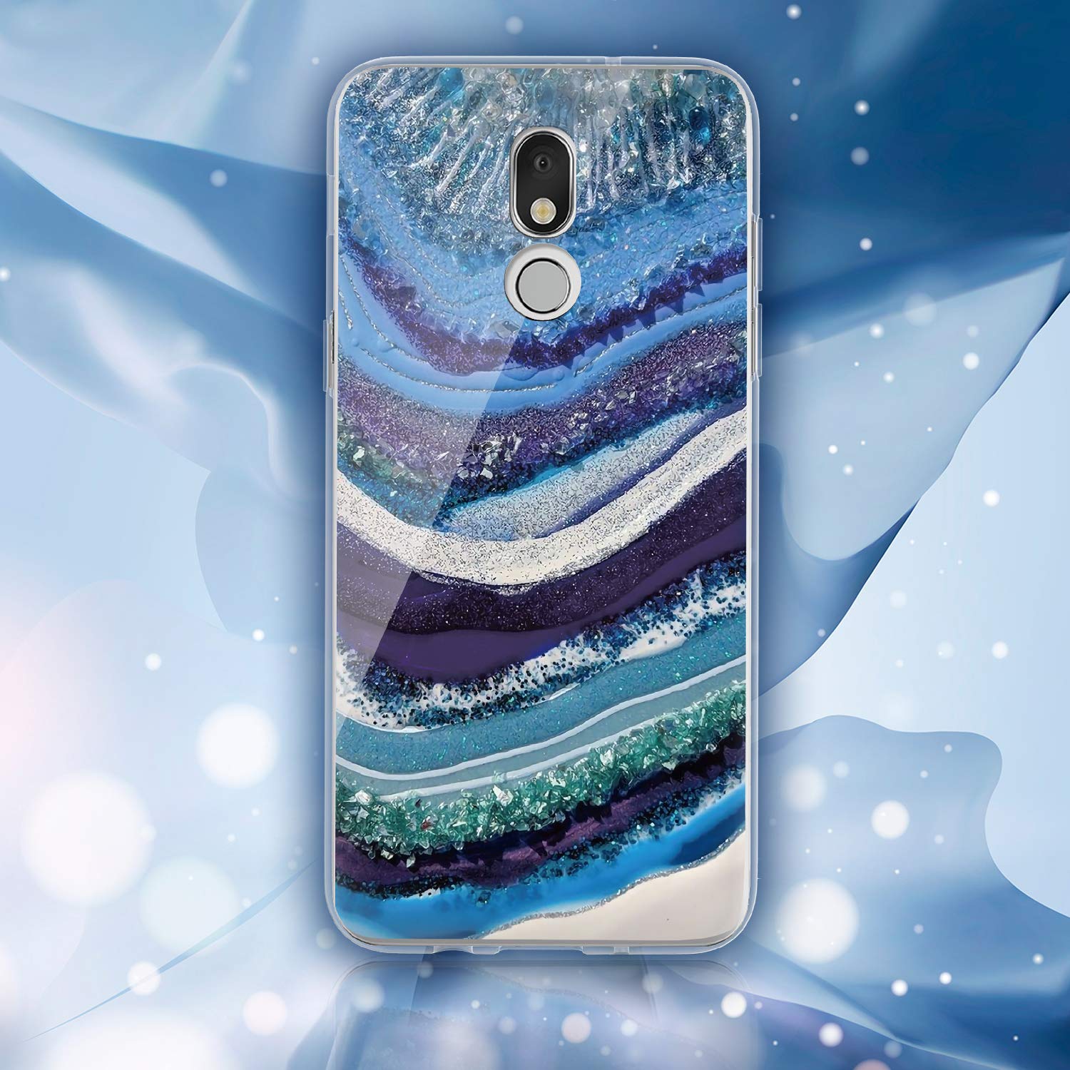 Premium Shockproof Phone Case for LG K40/K12 Plus/X4/Solo LTE/Harmony 3/Xpression Plus 2 - Matte Marble Design with Tempered Glass Screen Protector - Slim Protective Cover (White/Blue) - Perfect for Work, Travel & Everyday Use