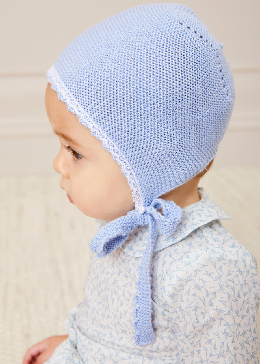 Blue Lace Detail Knitted Baby Bonnet for Newborn to 6 Months - Soft Cotton Winter Hat for Infant Girls & Boys - Perfect for Photoshoots, Christenings, and Everyday Wear