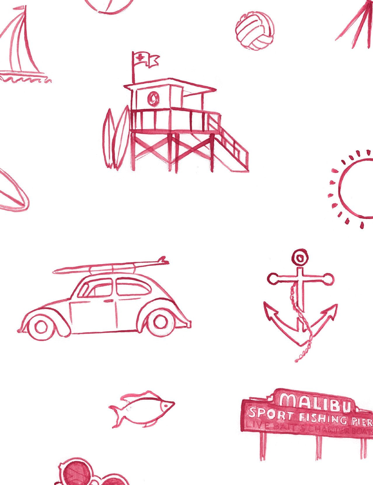 Nathan Turner 'Malibu' Wallpaper - Red on White Design for Coastal & Boho Home Decor