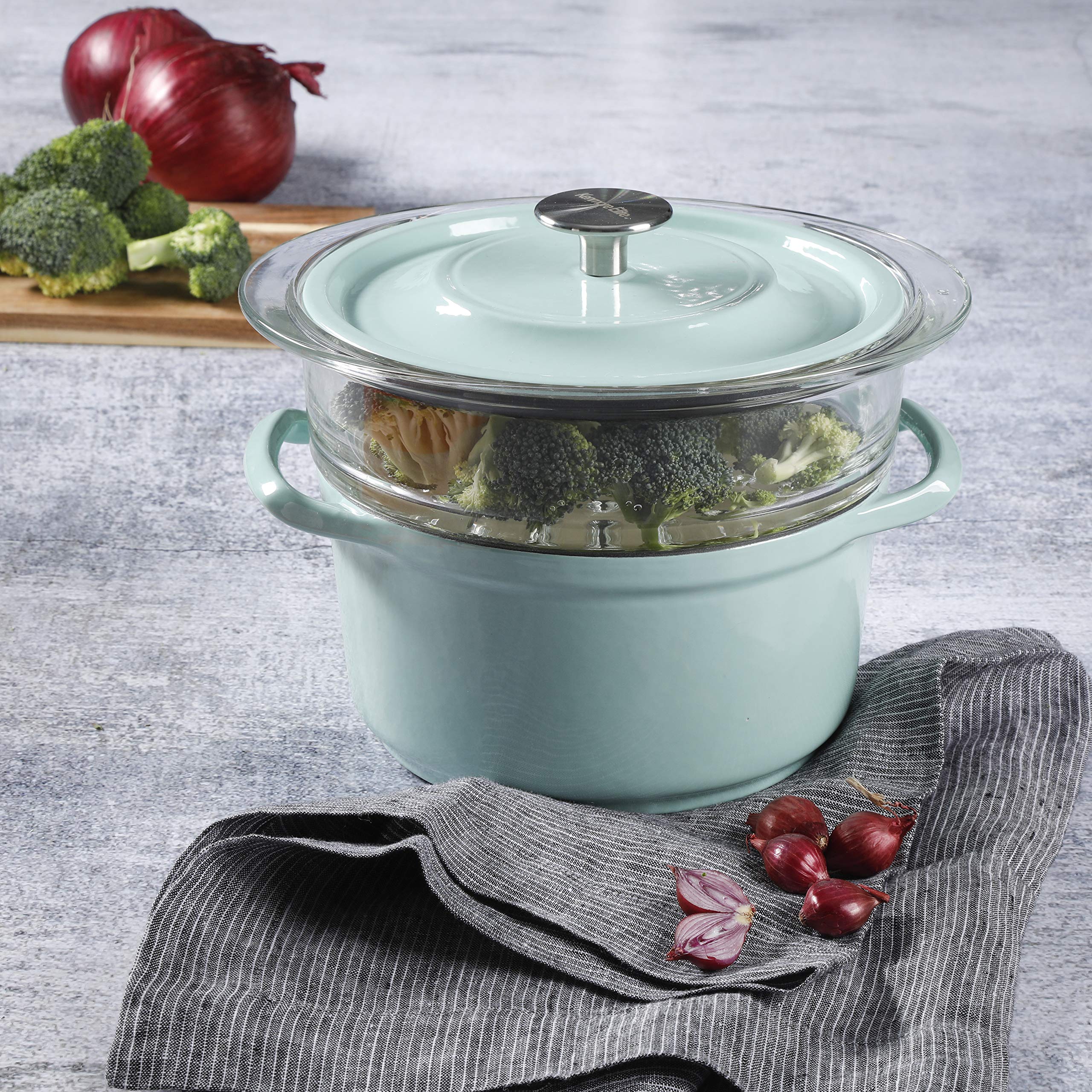 Kenmore 5-Quart Cast Iron Dutch Oven with Lid & Steamer - Glacier Blue | Heavy Duty Enameled Cookware for Baking, Braising & Steaming | Perfect for Soups, Stews & Family Meals