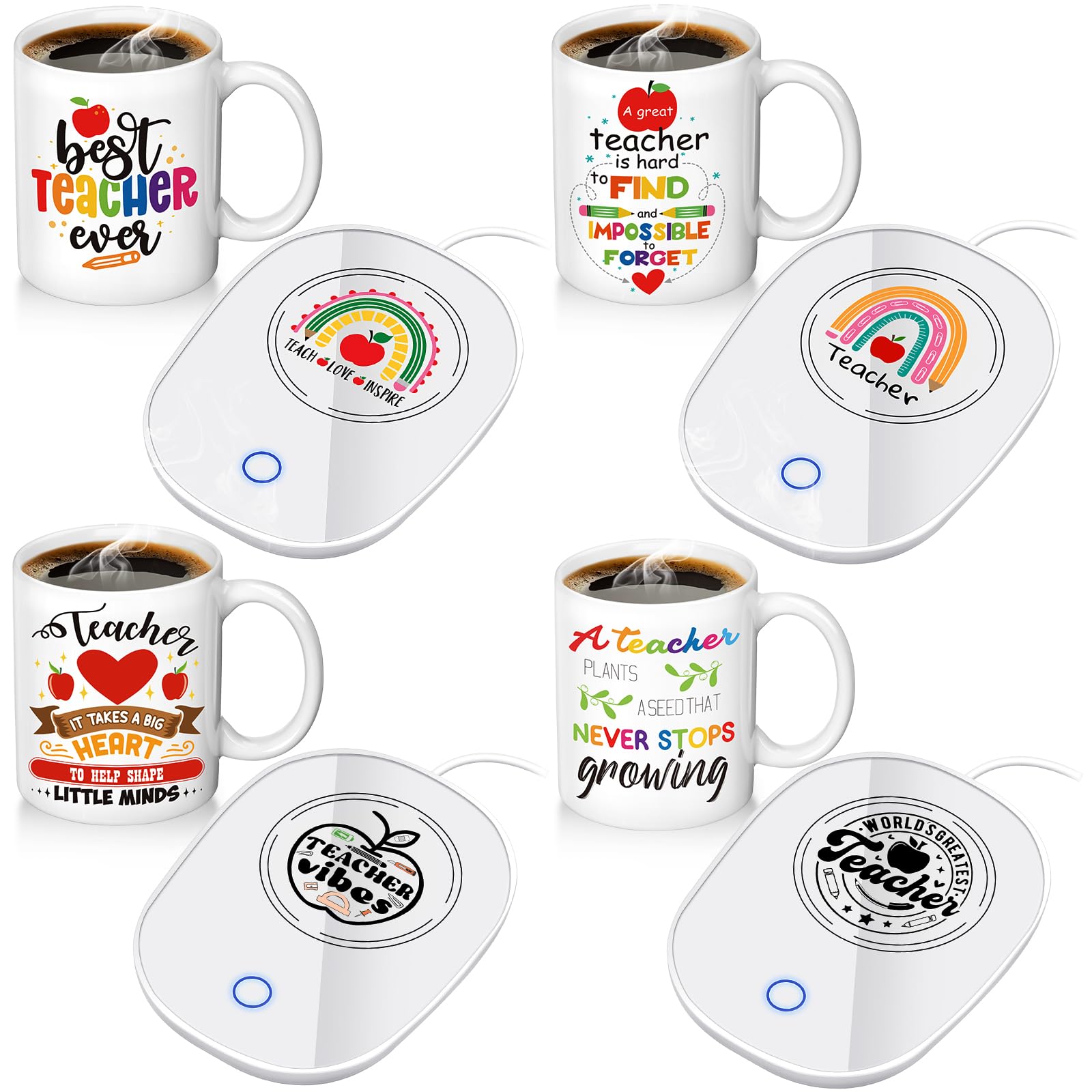 Honeydak 4-Piece Coffee Warmer Mug Set - Auto Off Thermostatic Pads for Teachers, Women - Perfect for Teacher Appreciation Week & Birthdays