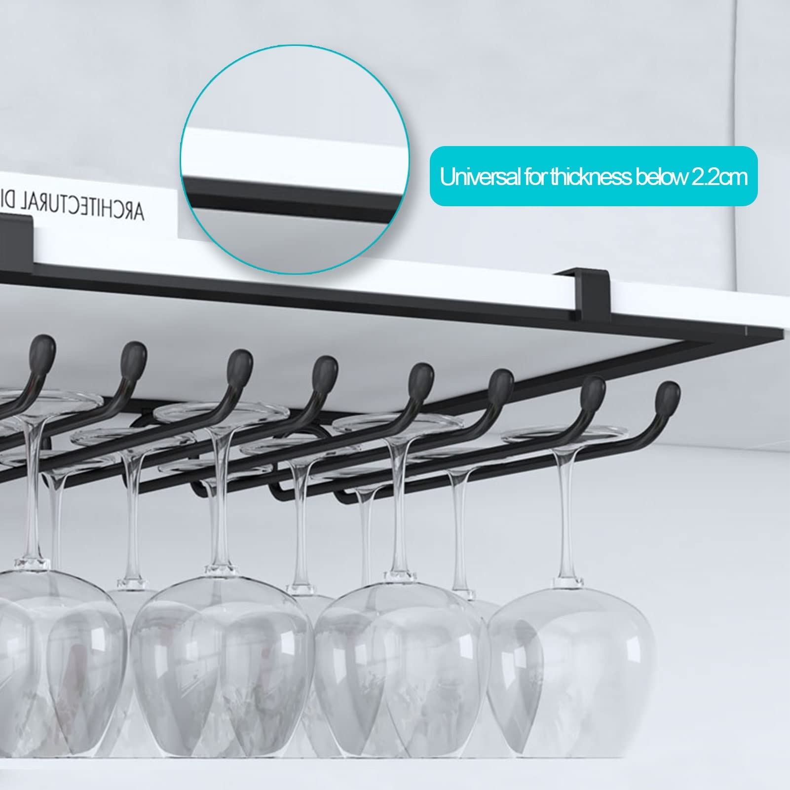 Stainless Steel Under Cabinet Stemware Rack - Hanging Wine Glass Holder for Kitchen, Bar, Pub - Decorative Wine Glass Storage & Display Shelf (White) - Perfect for Organizing Wine Glasses in Small Spaces & Adding Elegance to Your Home Bar